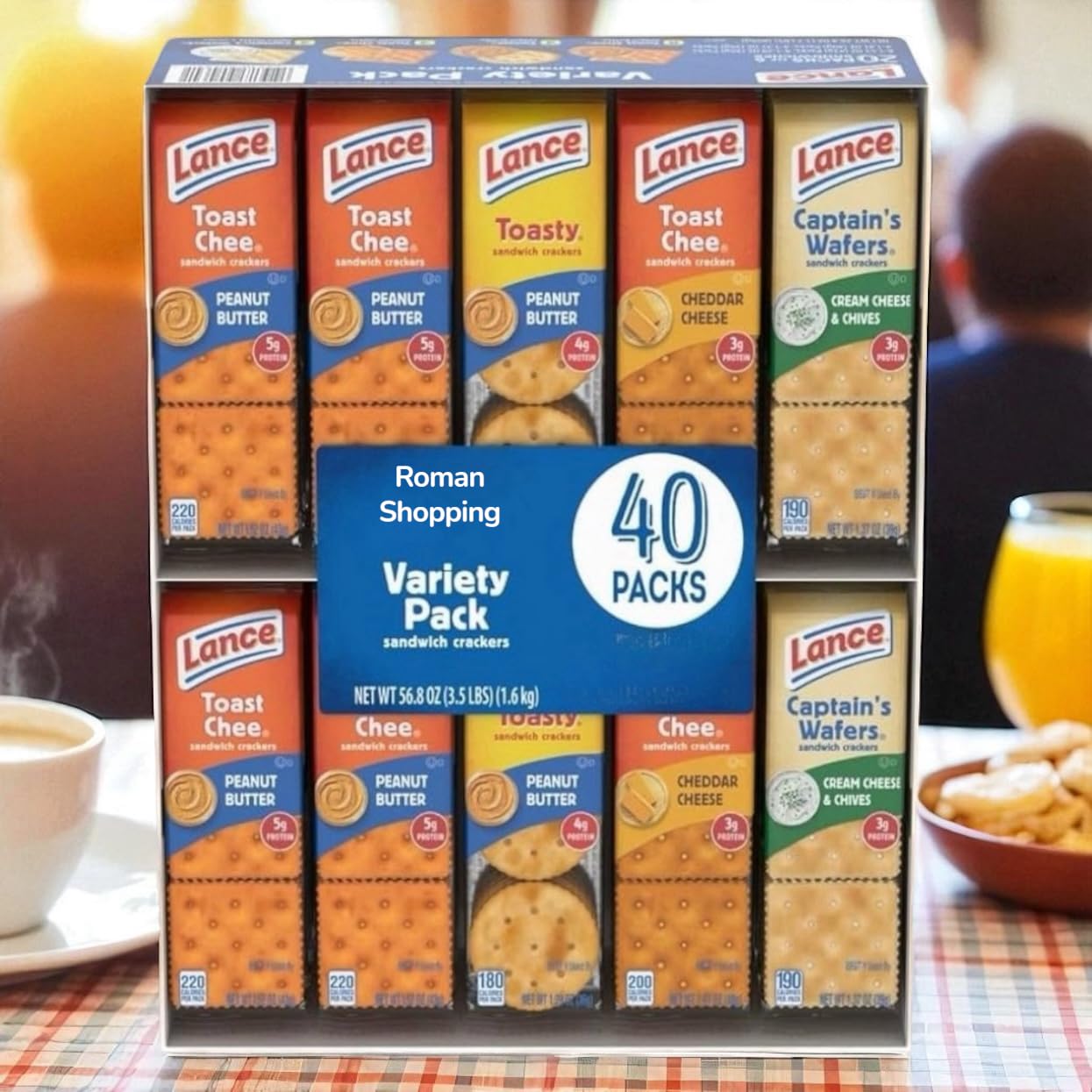Lance Sandwich Crackers Variety Pack – 40 Count, 1.41 oz Packs, 6 Crackers per Pack, Peanut Butter (5g & 4g Protein), Cheddar Cheese (3g Protein), Cream Cheese & Chives (3g Protein), Fresh Baked, 0g Trans Fat, Source of Energy, Made with Real Peanut Butter & Cheese, Kosher, USA Made