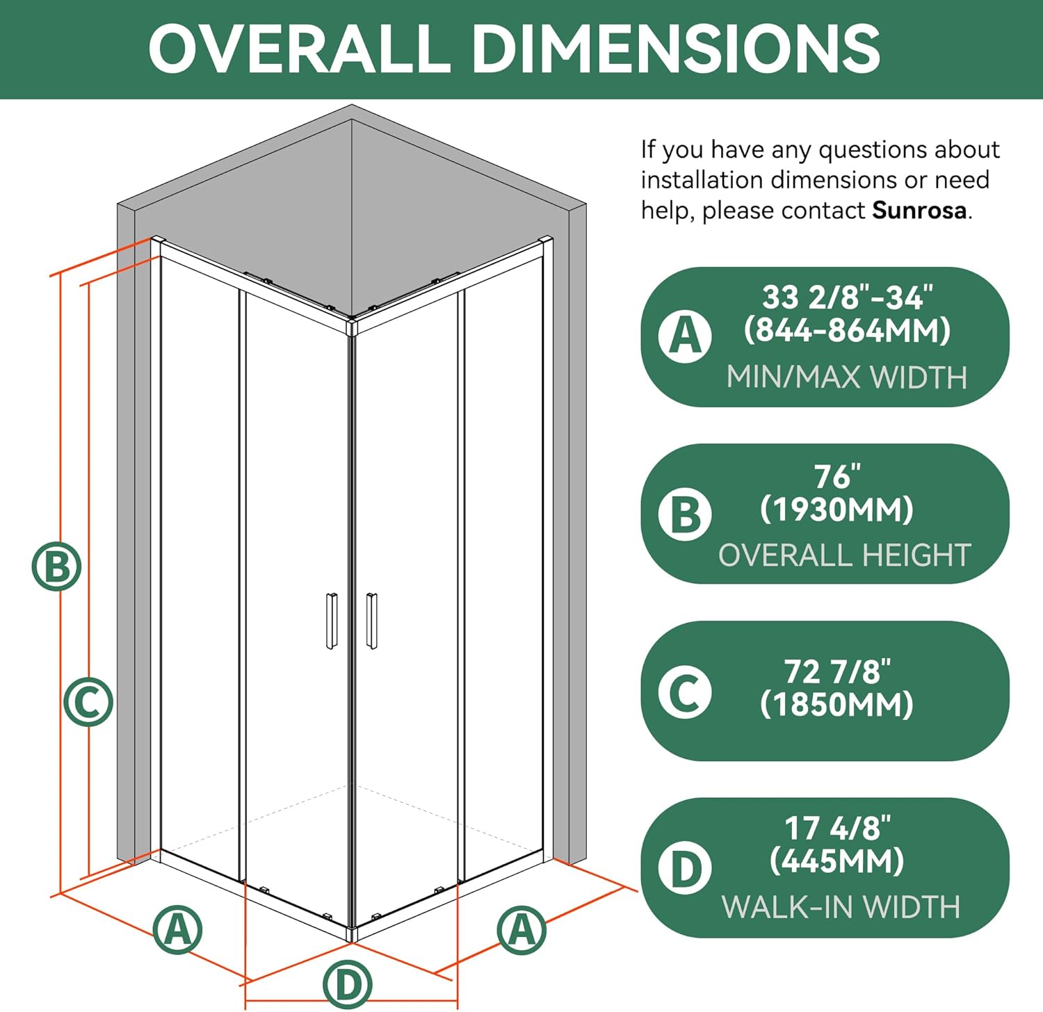 sunrosa corner sliding shower enclosure 34" x 34" x 76", tempered glass 1/4 in. double sliding shower door, corner shower door black 34"d × 34"w × 76"h matte black