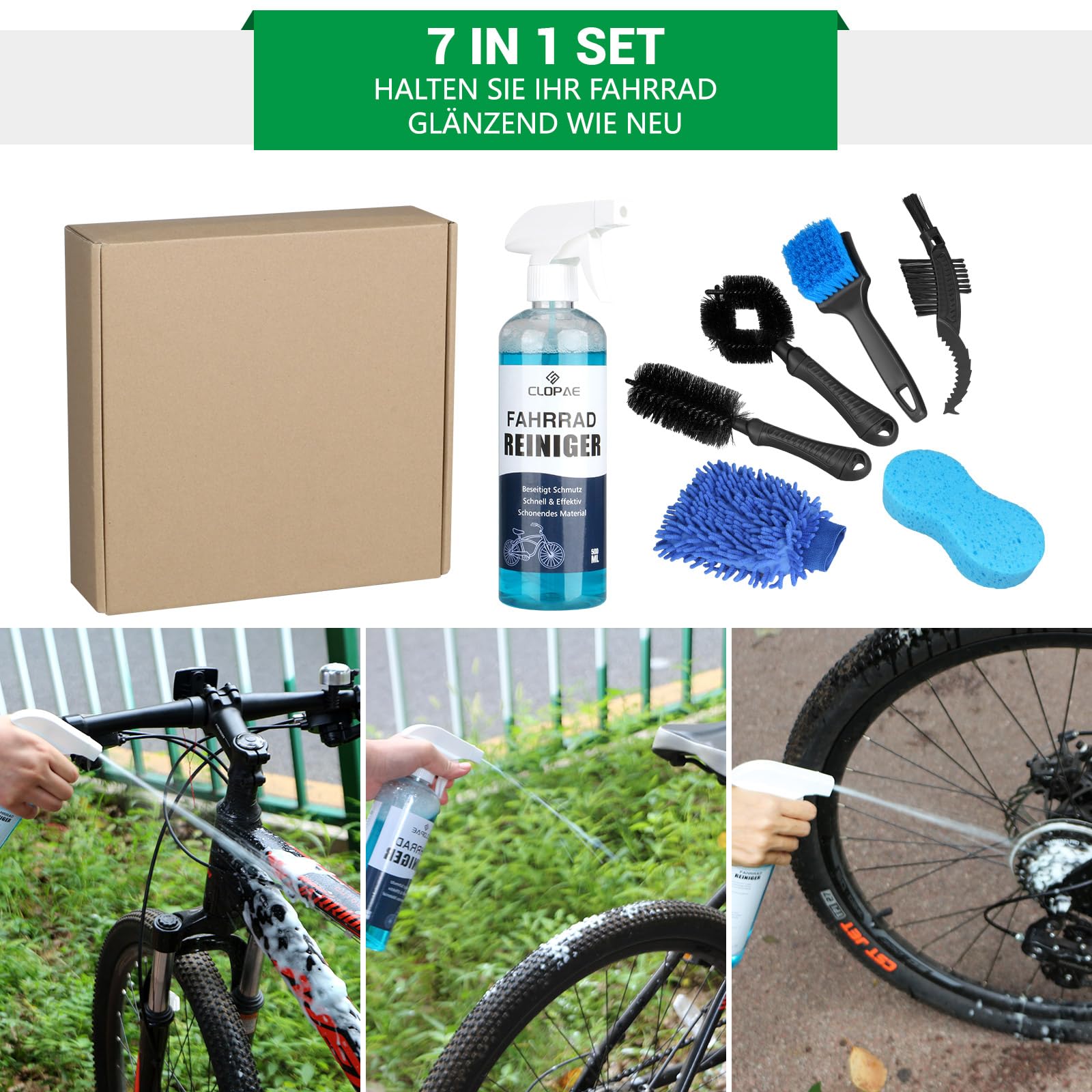 CLOPAE Zestaw do czyszczenia roweru, 7 w 1, zestaw do czyszczenia łańcucha rowerowego, 500 ml pojemności, z wszechstronnymi szczotkami do wszystkich rowerów