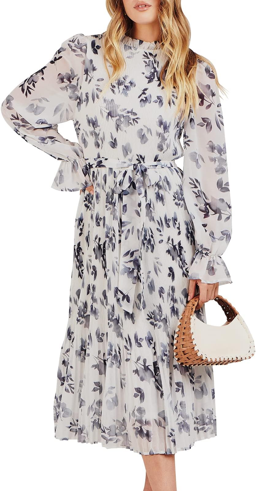 – Women's Floral Midi Dress Puff Long Sleeve Casual Ruffle Chiffon A-Line Swing Pleated Belted Tea Party Dresses
