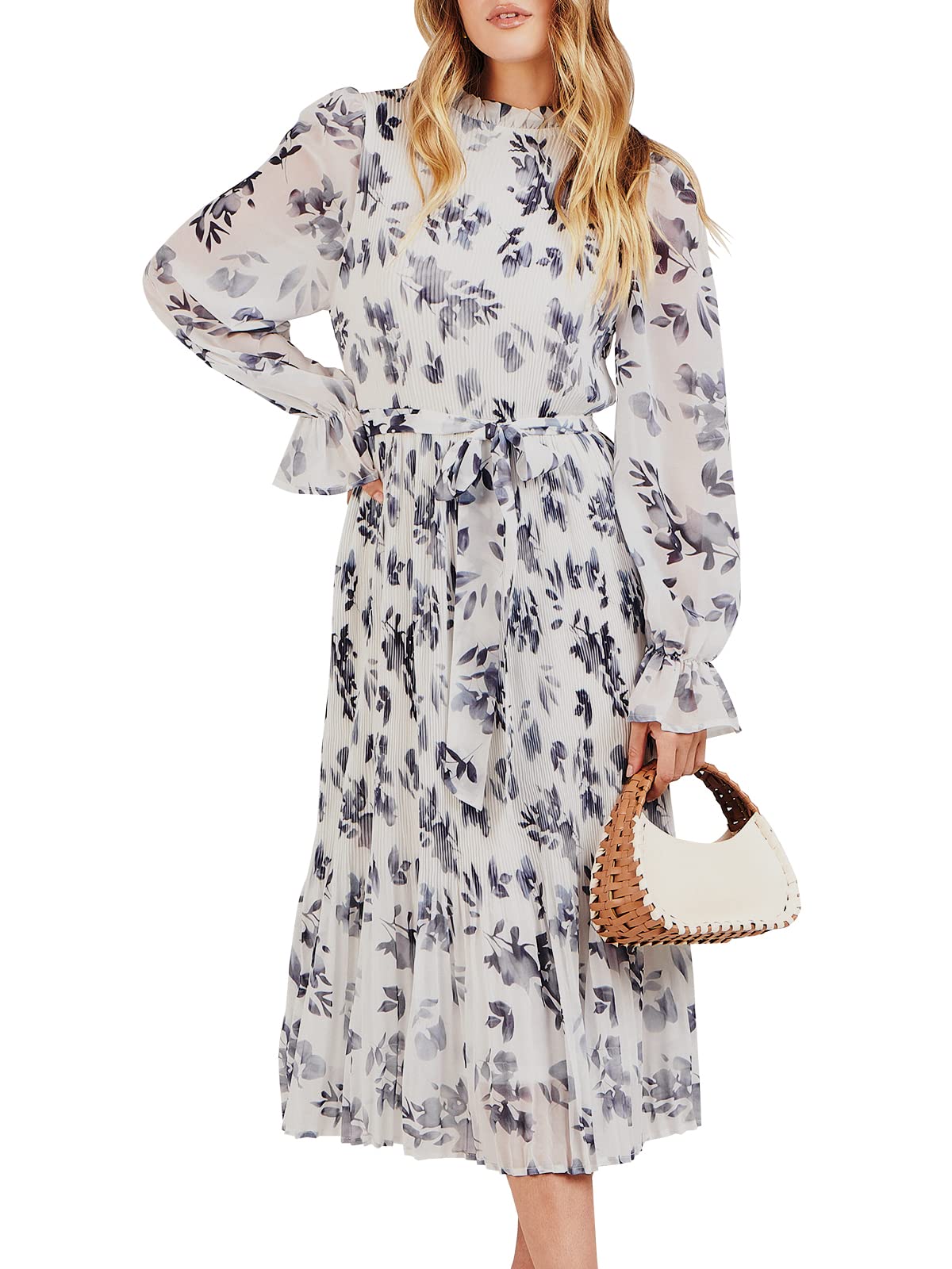 – Women's Floral Midi Dress Puff Long Sleeve Casual Ruffle Chiffon A-Line Swing Pleated Belted Tea Party Dresses