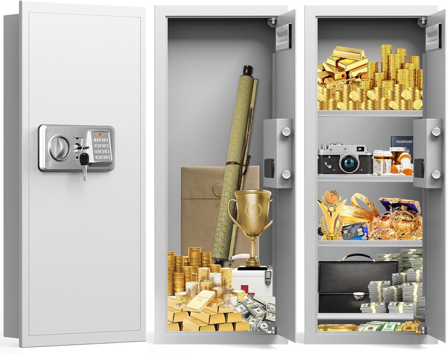 White 33.46" Tall Sturdy Wall Safes Between the Studs 16" Centers, Fireproof in Wall Safe with Removable Shelf, Combination Lock Hidden Safe for Money Jewelry Passport Documents