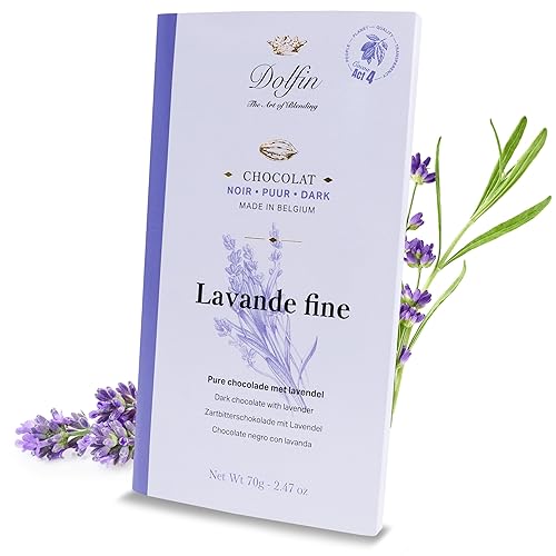 Dolfin Zartbitterschokolade mit Lavendel - Cremige Schokolade mit echten Lavendelstücken - Geschenkideen für Geburtstag, Festtage, Valentinstag - Hergestellt in Belgien, 70 g Tafel - 70 g (1 Pack) - Lavendel