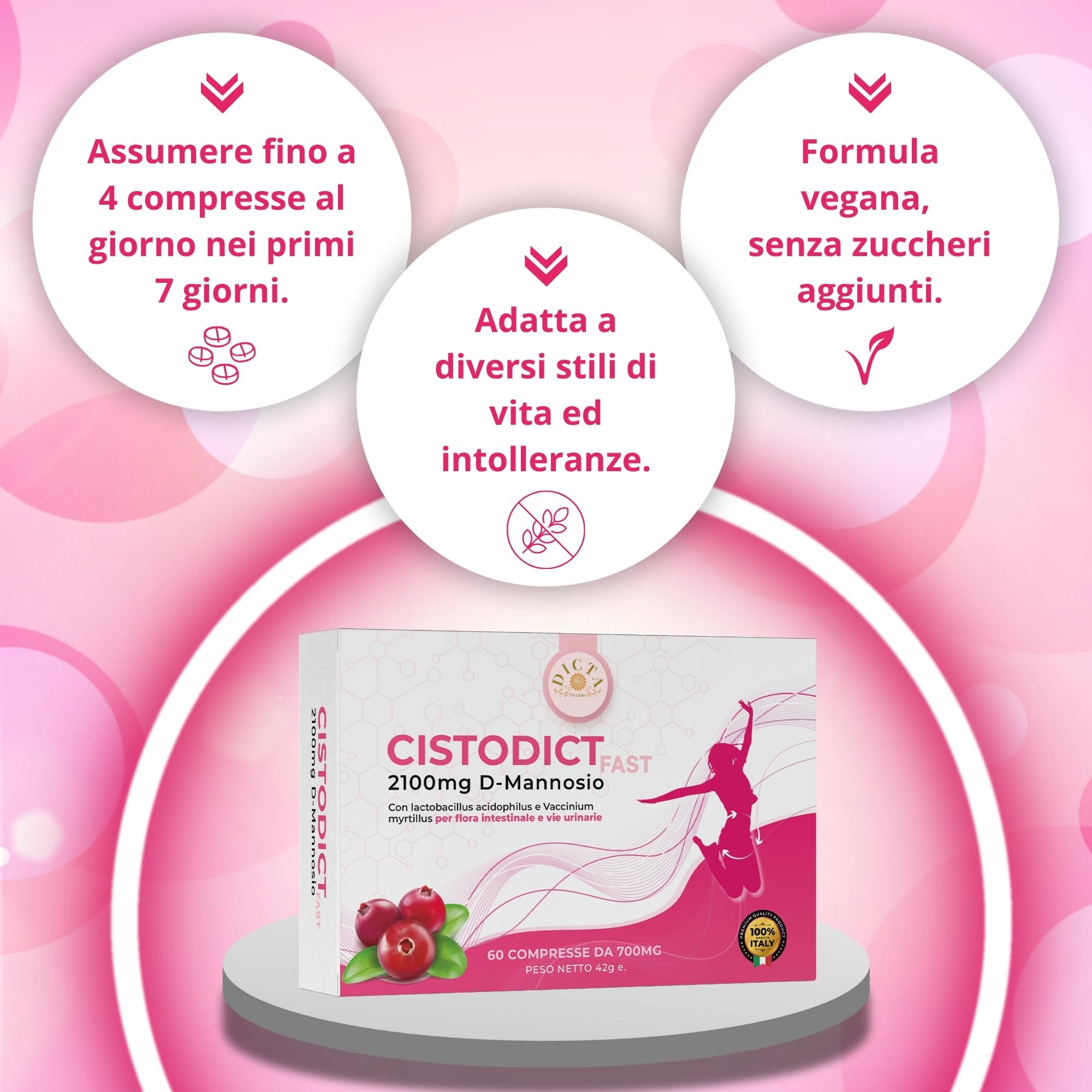 D Mannosio Puro Cistite 2100mg per Vie Urinarie Donna 60 cpr - con Mirtillo Rosso, Agrimonia, Lactobacillus e Inulina, Acido Ialuronico e Rame