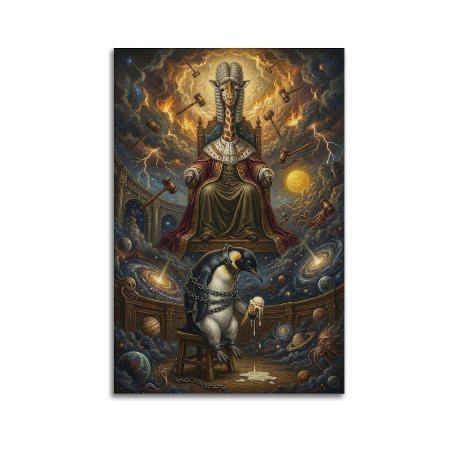 XKUGA Surreal Vintage Animal Poster Giraffe Penguin Tribunal Satire Modern Decorative Canvas Prints - Ideal Wall Art for Family, Man Cave, Game Room, Boys & Girls Bedroom 24x36inch(60x90cm)