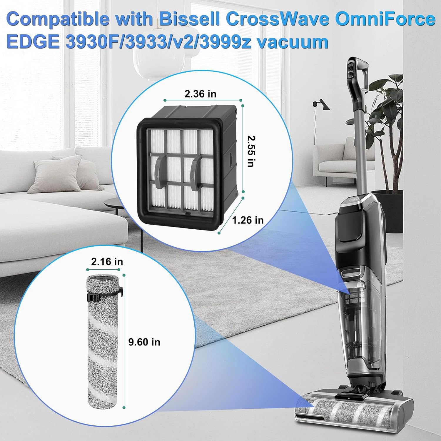 3930F Brush Roll Replacement Filter for Bissell CrossWave OmniForce Edge Cordless Multi-Surface Hard Floor Wet Dry 3930F, 3933, V2, 3999z Vacuum, 2 Pack Roller Brush, 2 Pack Hepa Filters
