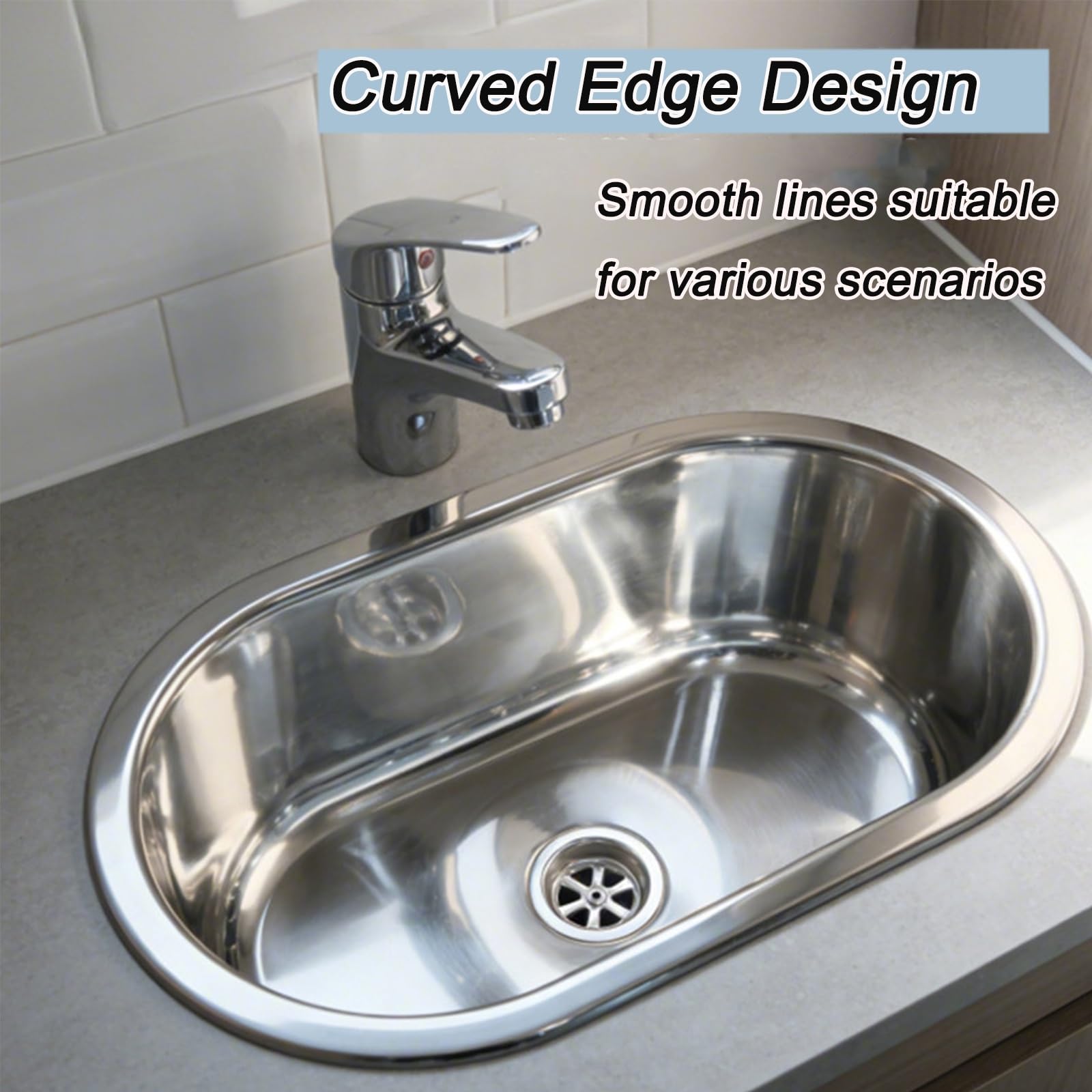 Fregadero Camper de Encastre, Lavabo Caravana Ovalado con Orificio de Drenaje de 40 mm, Acero Inoxidable, Apto para Autocaravanas y Barcos
