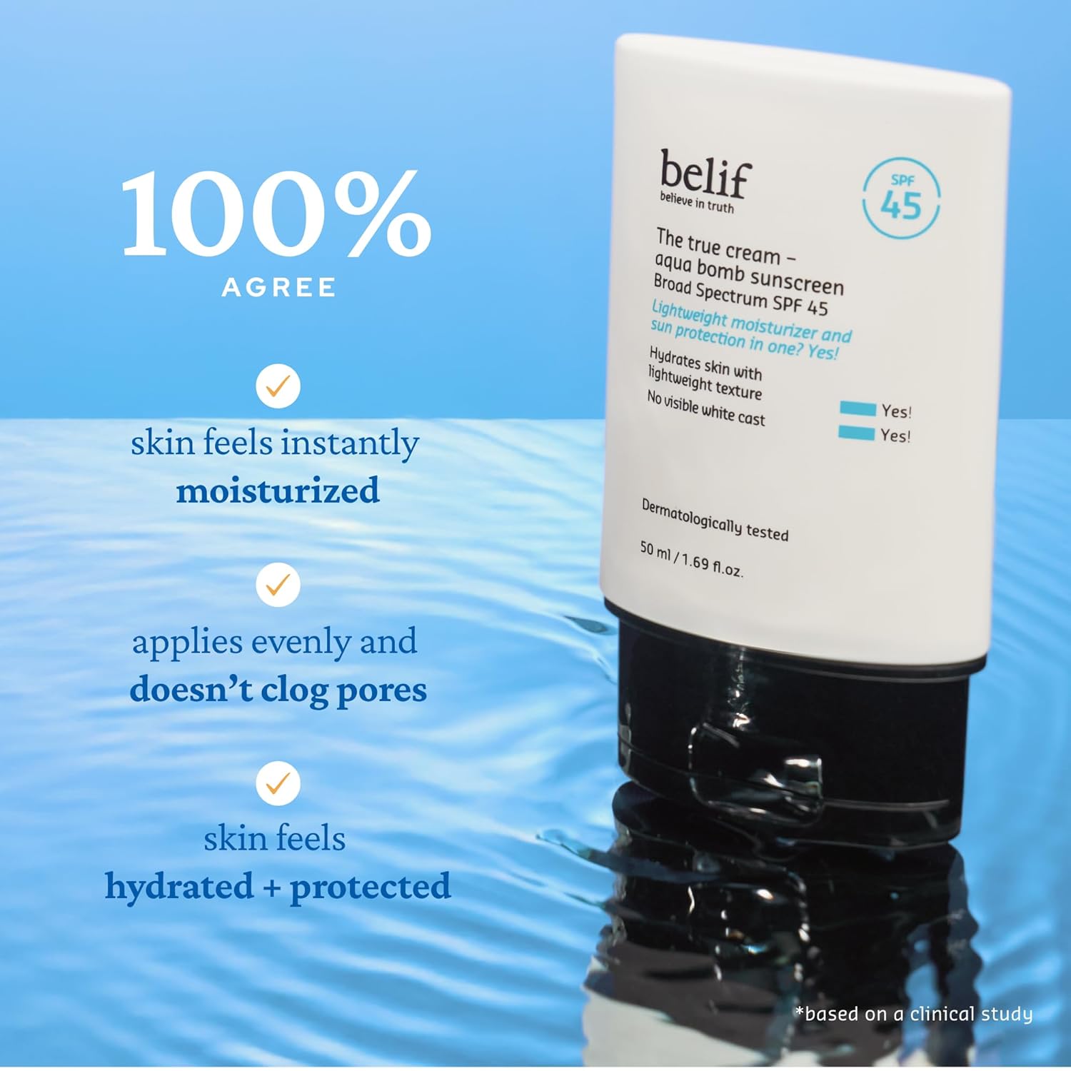 belif Aqua Bomb SPF 45 Hydrating Niacinamide Sunscreen (1.69 fl. oz) - The True Cream PA++++, Daily Broad Spectrum, No White Cast, Weightless & Invisible, Non-Greasy, Korean Skincare | Hydrating, Niacinamide, The True Cream, PA++++, Daily Broad Spectrum, No White Cast - Image 5