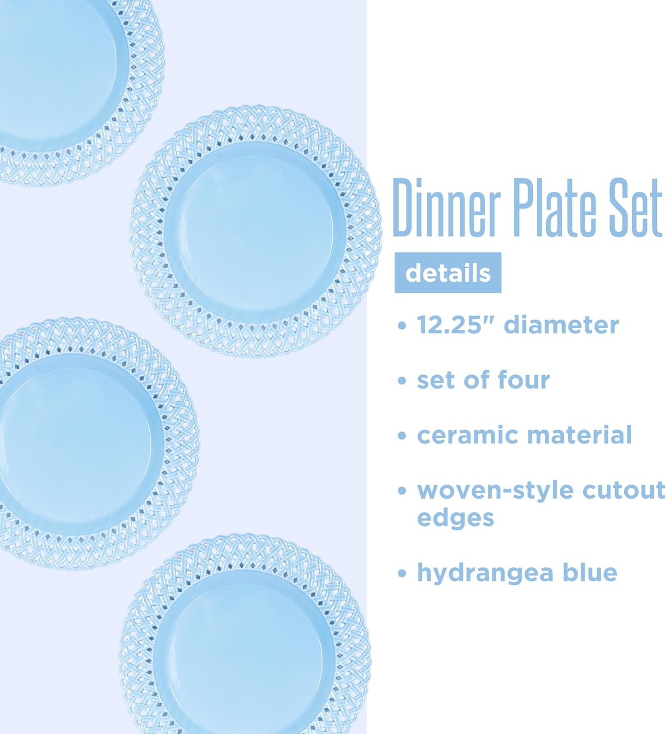 Lilly Pulitzer Ceramic Dinner Plate Set of 4, Coastal Inspired Stoneware with Woven Cut Out Design (Hydrangea Blue)