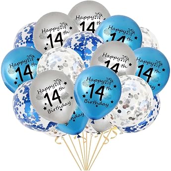 14th Birthday Balloons Pack of 20 Blue Silver Happy 14th Birthday Latex Confetti Balloon Ribbons for Boys 14 Years Birthday Decoration Boys 14th