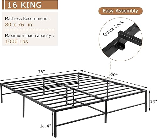 Miniatura 74 de VECELO Marco de cama de plataforma de metal de 14 pulgadas, base de colchón, no necesita somier, soporte de listones de acero (tamaño matrimonial)