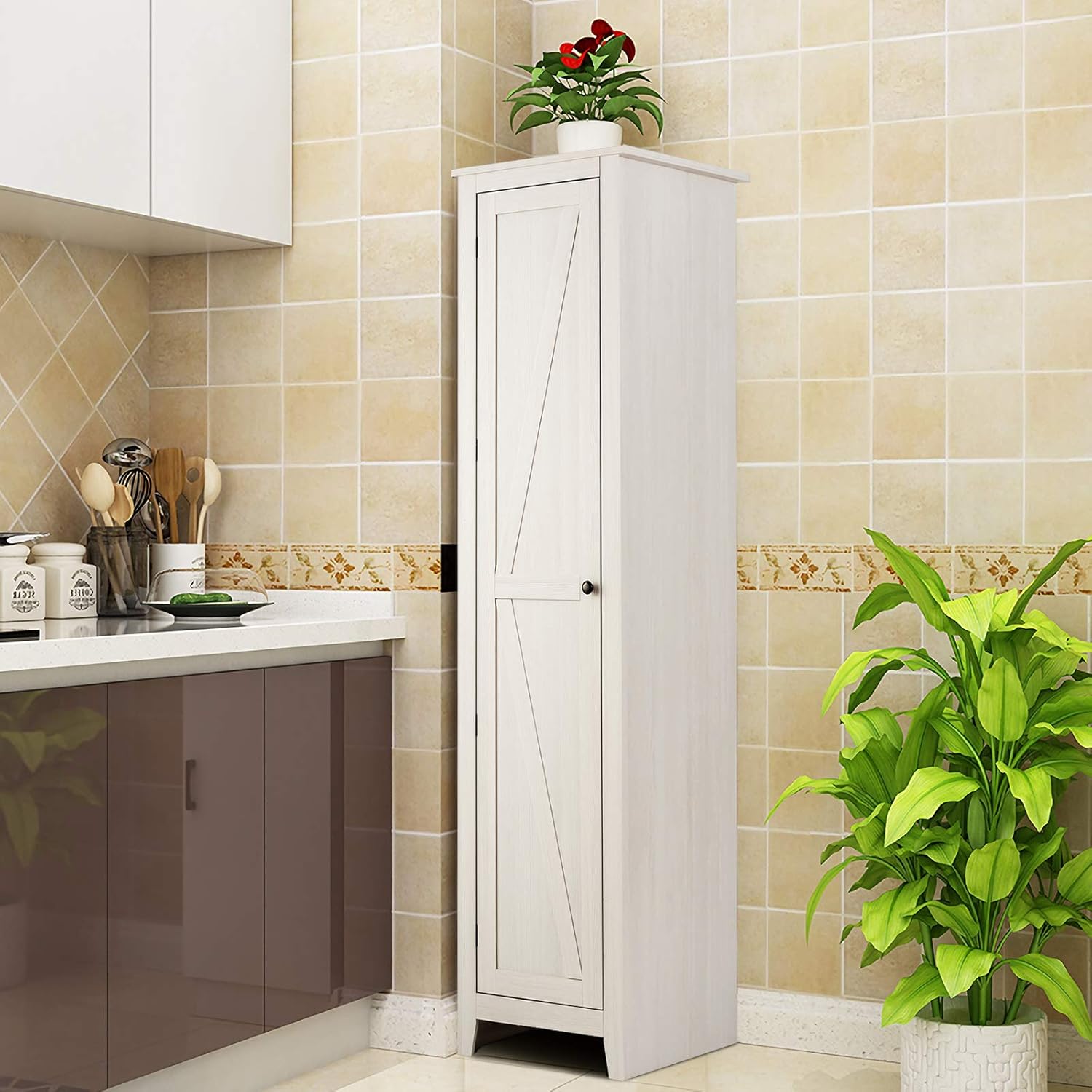 Giantex Tall Storage Cabinet Freestanding Floor Storage Tower with Four Shelves and Single Door, 17x16x72 Inch, Narrow Utility Cabinet for Living Room, Bathroom (Grayish White) - Image 8