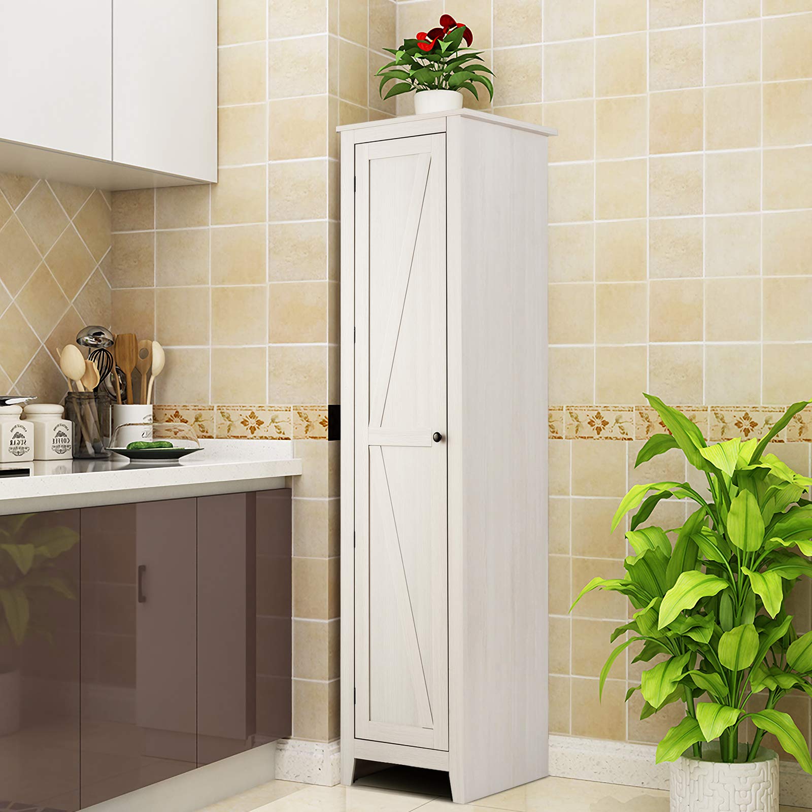 GIANTEX Armadietto alto da 183 cm, armadio stretto per bagno con 1 porta e 4 ripiani, armadio per la conservazione per cucina, soggiorno e bagno, armadio da cucina indipendente (Bianco)