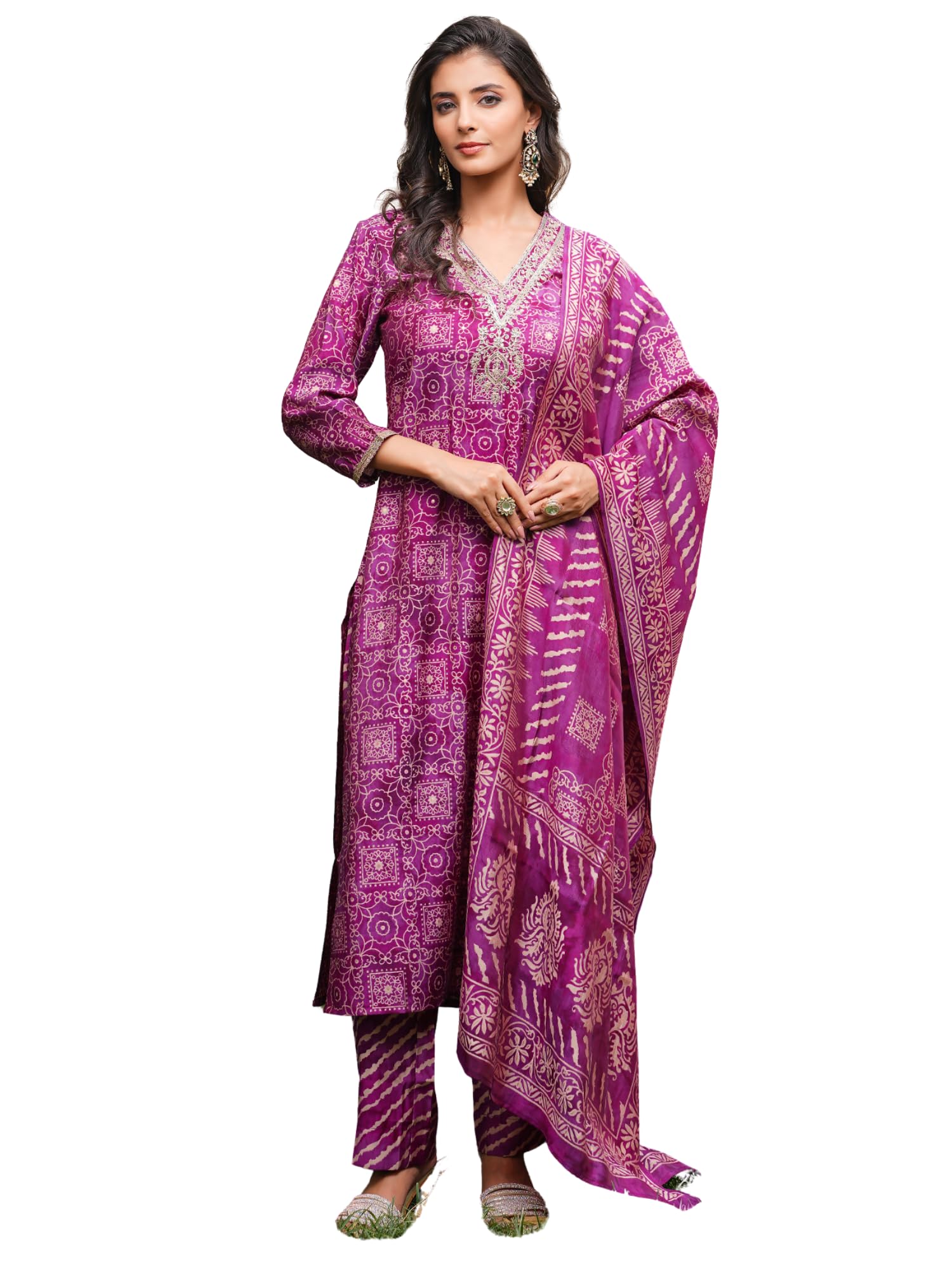 Women's Purple Silk Blend Embroidered Straight Ethnic Motifs Kurta Trousers With Dupatta Sets | Daily Straight Kurta Set For Women | Embroidered Salwar Suit For Womens-image-48