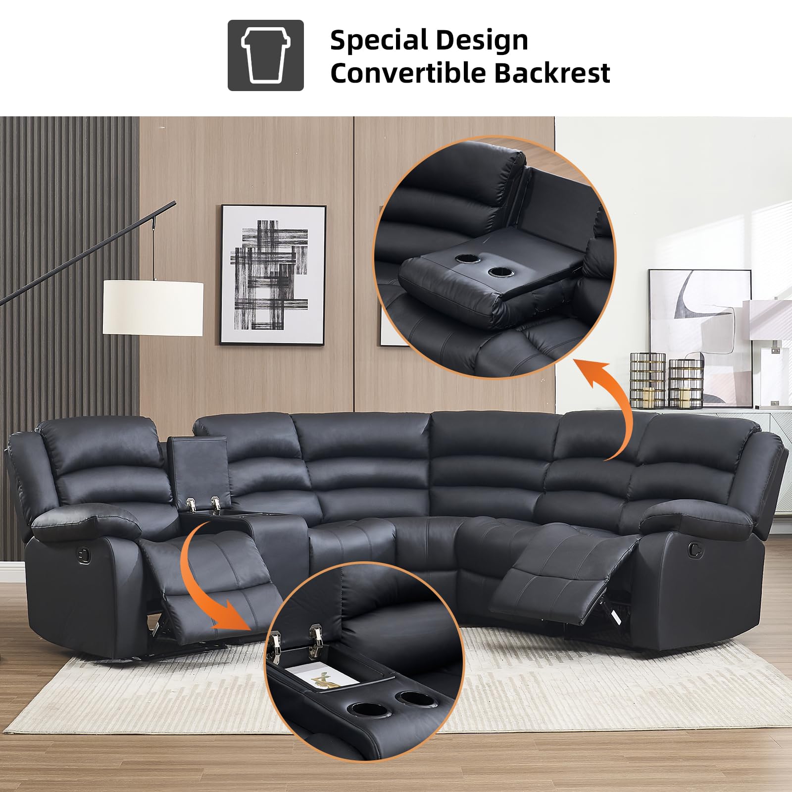 EBELLO Faux Leather L-Shaped Reclining Sectional Sofa Couch, Manual Recliner Sofa, with Cup Holders, Storage Space, a Convertible Backrest 5 Seats Home Furniture Set for Living Room, Black view 7