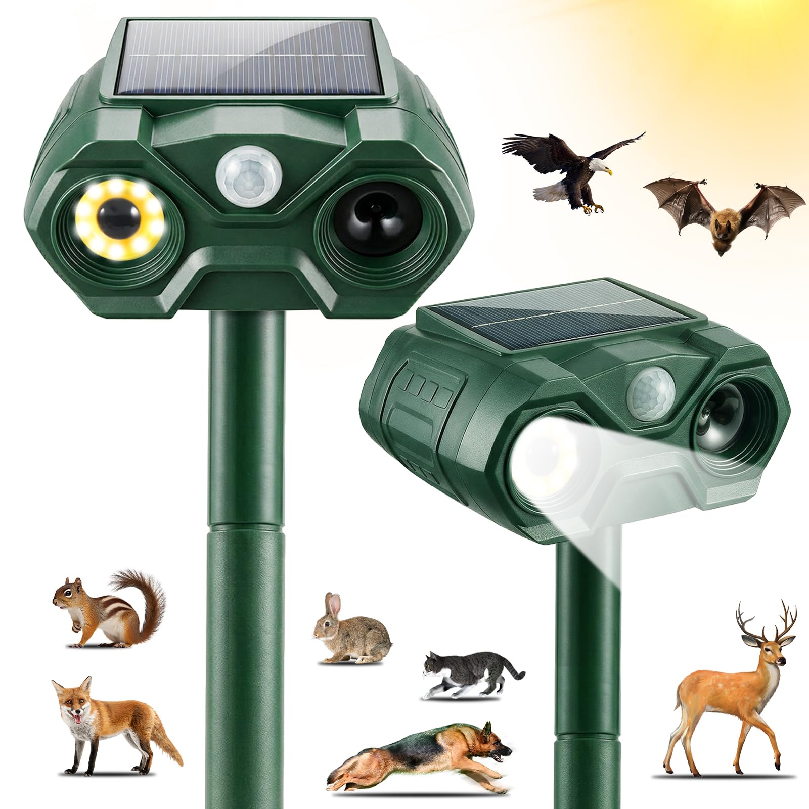 Repellente solare per animali da esterno, 2 pezzi, ricaricabile tramite USB, repellente per gatti, scoiattolo, coniglio, volpe, frequenza regolabile, dispositivi repellenti per cervi con rilevamento