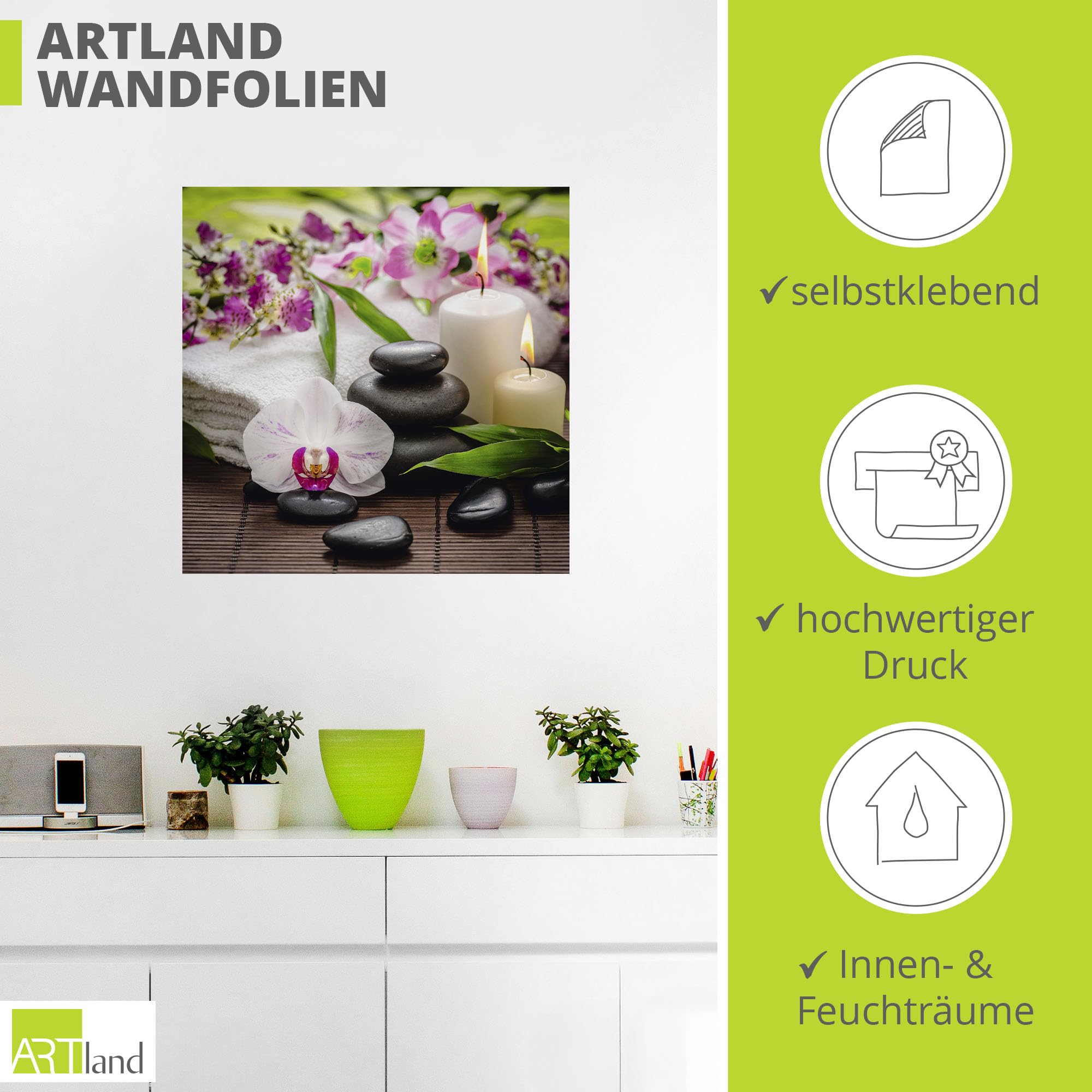 ARTland Wanddeko Wandtattoo selbstklebende Vinylfolie 70x70 cm Quadratisch Asien Wellness Zen Steine Spa Orchideen Blüte Rosa K3AD