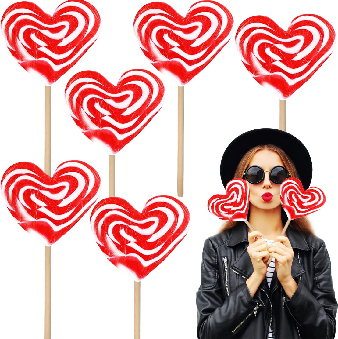 Fruidles Six-Pack 80-Gram Jumbo Heart Swirl Lollipop Red and White Heart Design, Individually Wrapped,