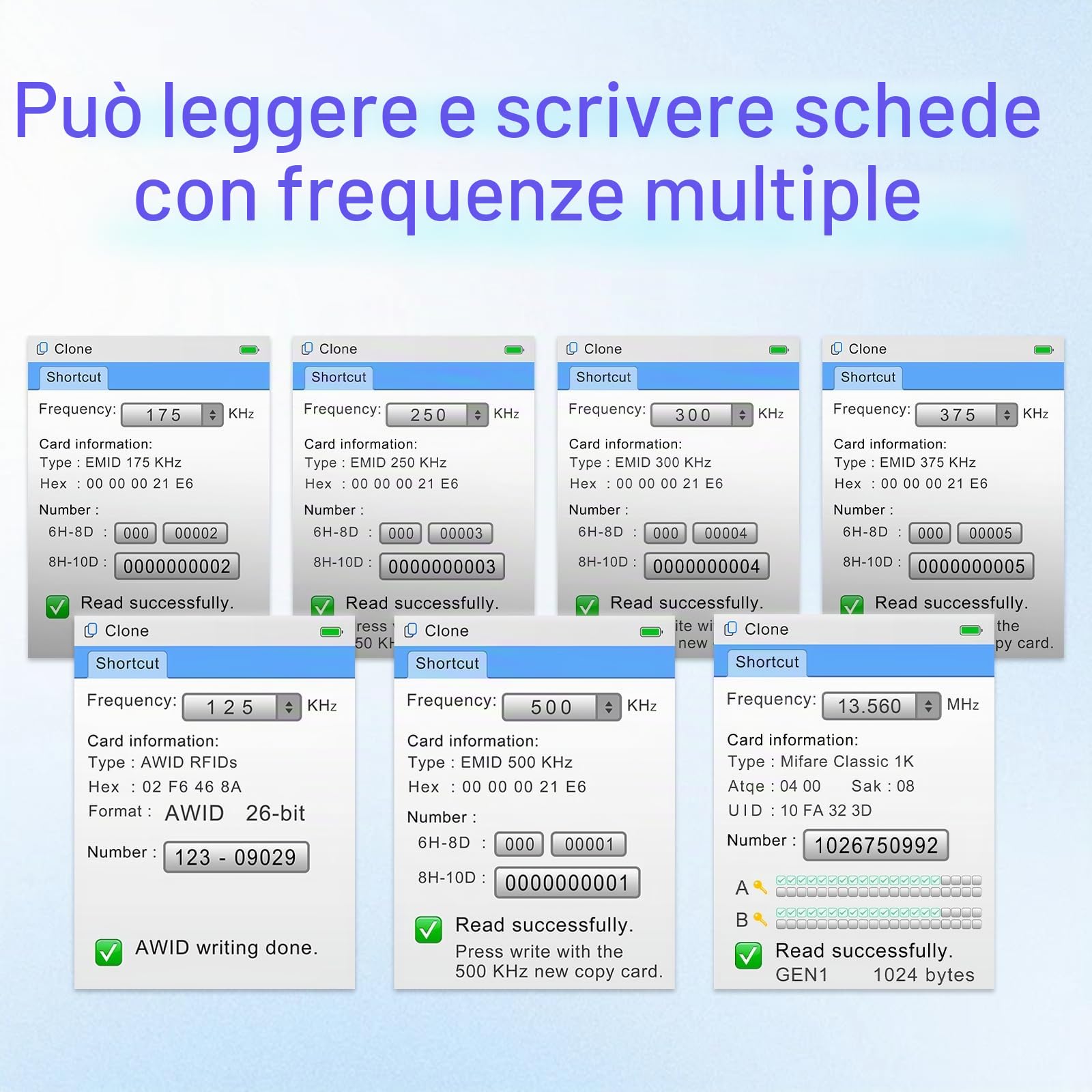 X7 NFC RFID Card Copier Reader Writer Duplicatore per controllo accessi fibbie ID 125KHz e schede IC da 13,56 MHz con 5 schede UID, 5 portachiavi UID e 5 portachiavi T5577