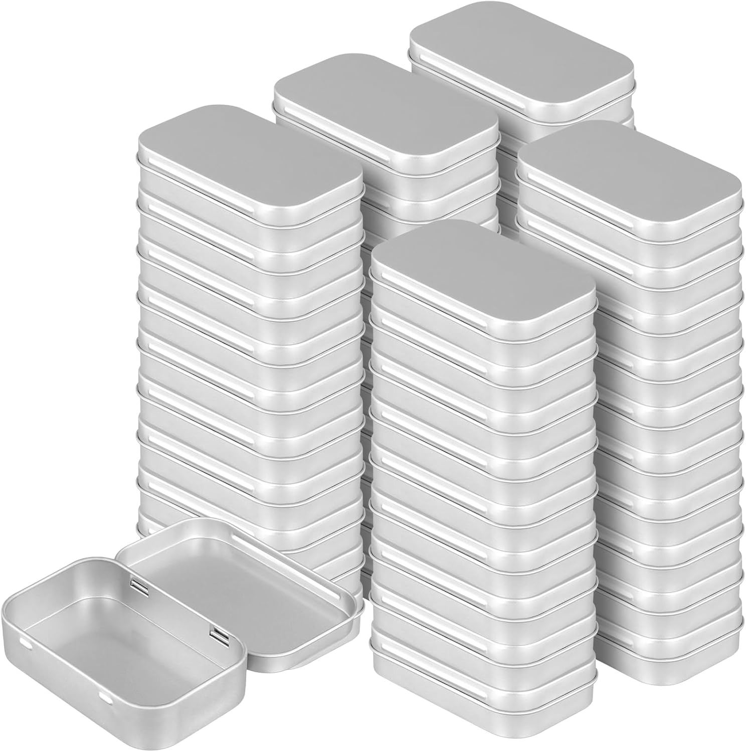 50Pcs Metal Hinged Tin Box Container Bulk, 3.7 x 2.4 Inch Empty Rectangular Small Hinged Tins with Lids for Craft Organizing, Small items, Silver