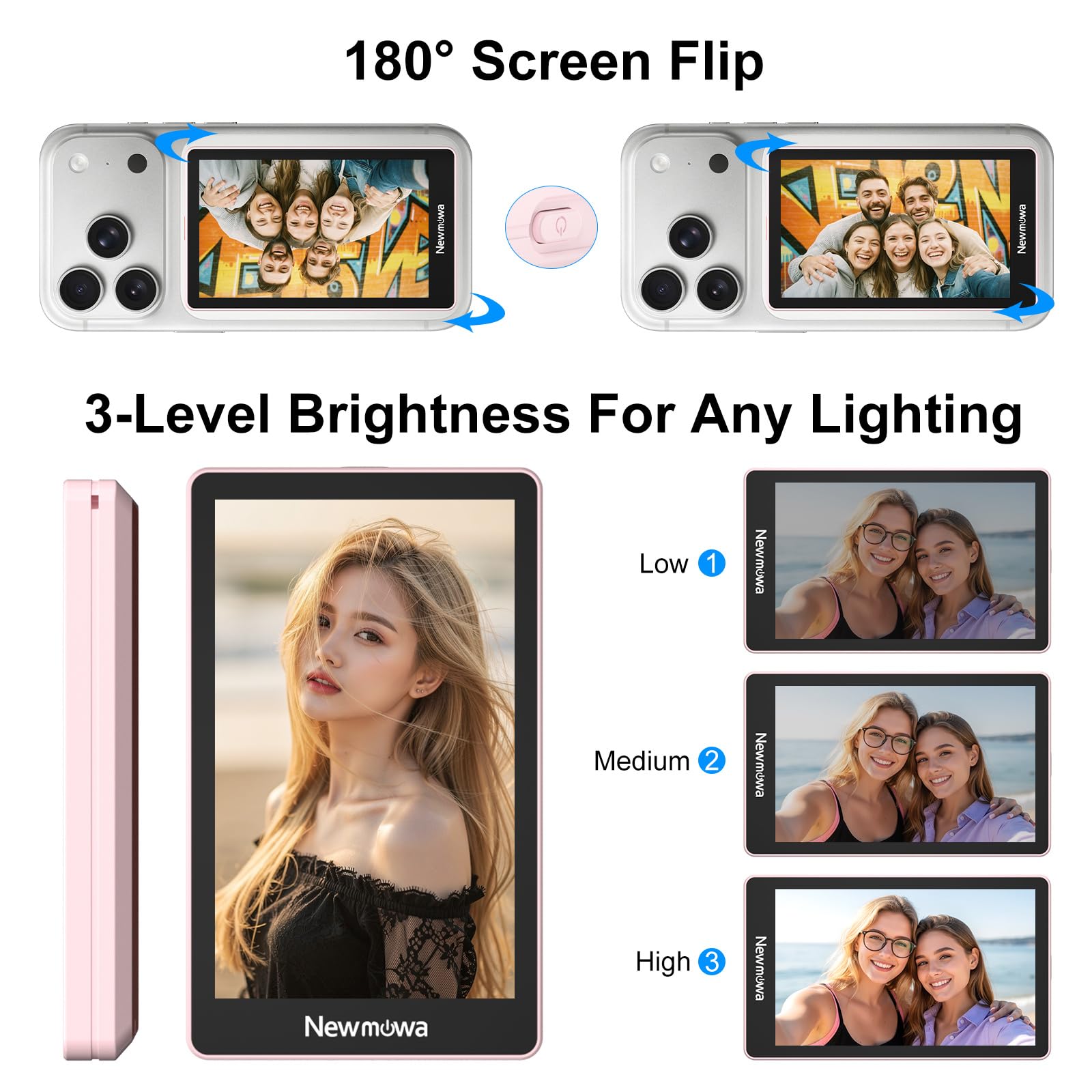 Newmowa Écran Selfie Vlog Magnétique pour iPhone,4K 30fps Connexion Filaire | Enregistrement sans fil 1080p, Caméra Arrière de Téléphone pour Selfies Vlogs TikTok Livestreams, Rose