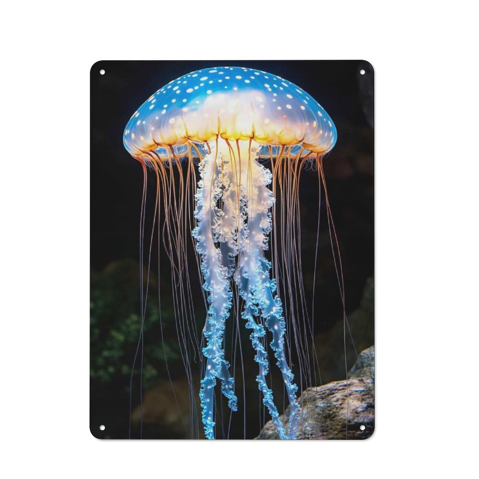 Bioluminescent Jellyfish in Dark Water Rustic Metal Wall Sign 40x30cm for Garage Wall, with Clear Rustic Wall Decor Character