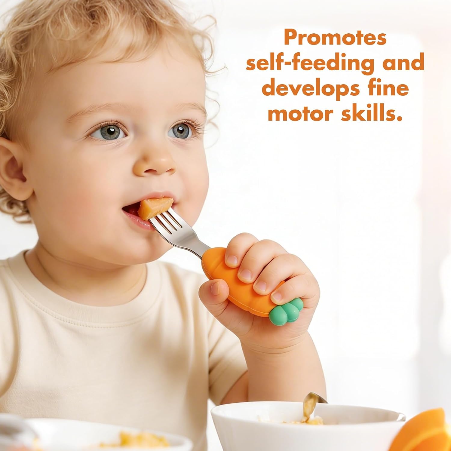 Baby Fork and Spoon Set with Carry Case Baby Training Utensils Self Feeding Toddler Silverware Silicone and Stainless Steel Kids and Toddler Utensil Set-Carrot
