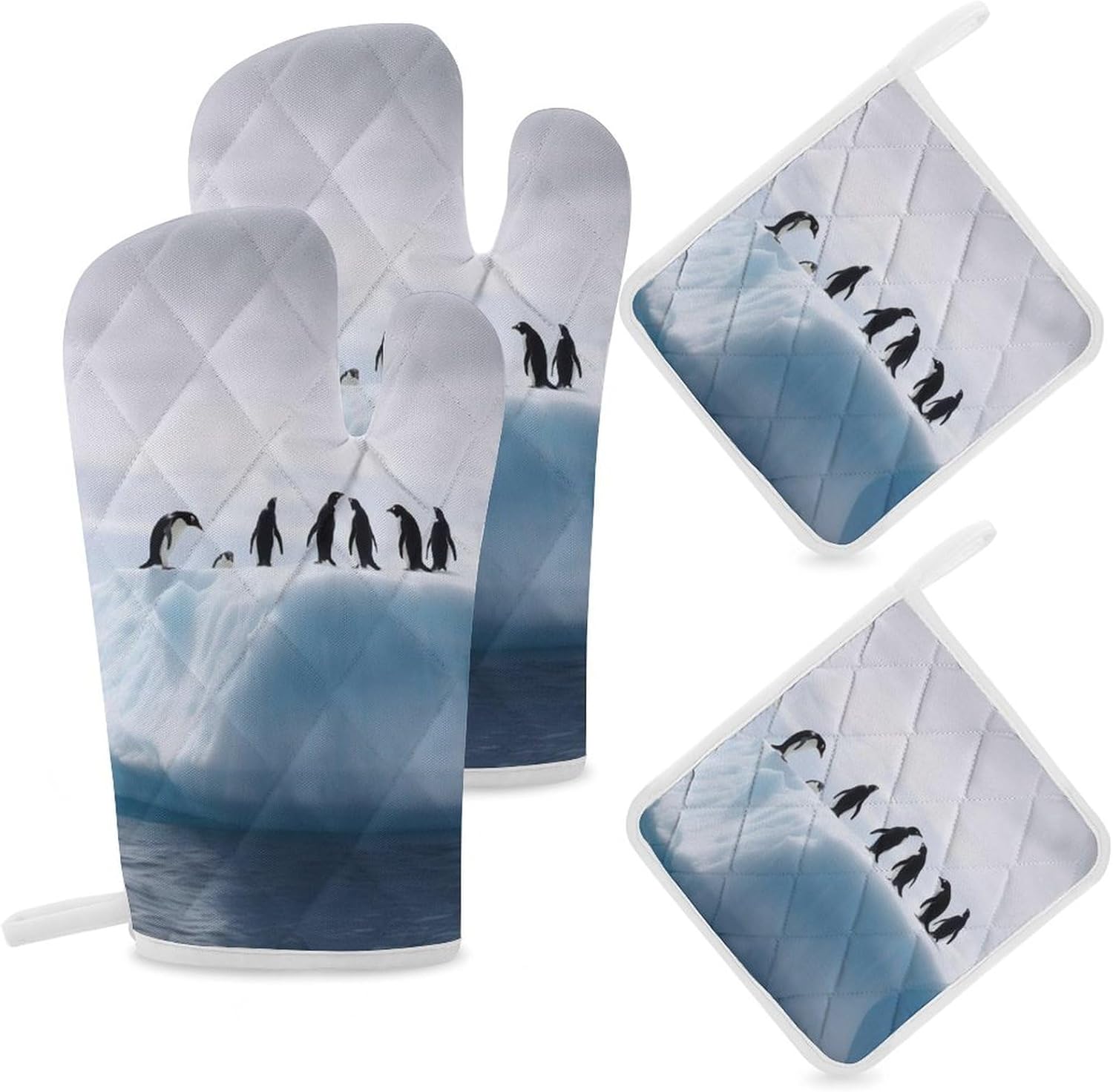 4-Piece Oven Mitts and Pot Holders Set Penguins on The Iceberg Printed Heat-Resistant Polyester Kitchen Gloves and Potholders Comfortable & Durable for Cooking Baking and Grilling