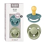 BIBS De Lux Baby Pacifier 2-Pack | Made in Denmark | BPA Free Dummy Soother, Round Nipple. Natural Rubber Latex, Size 1 (0-6 Months), Island Sea/Sage