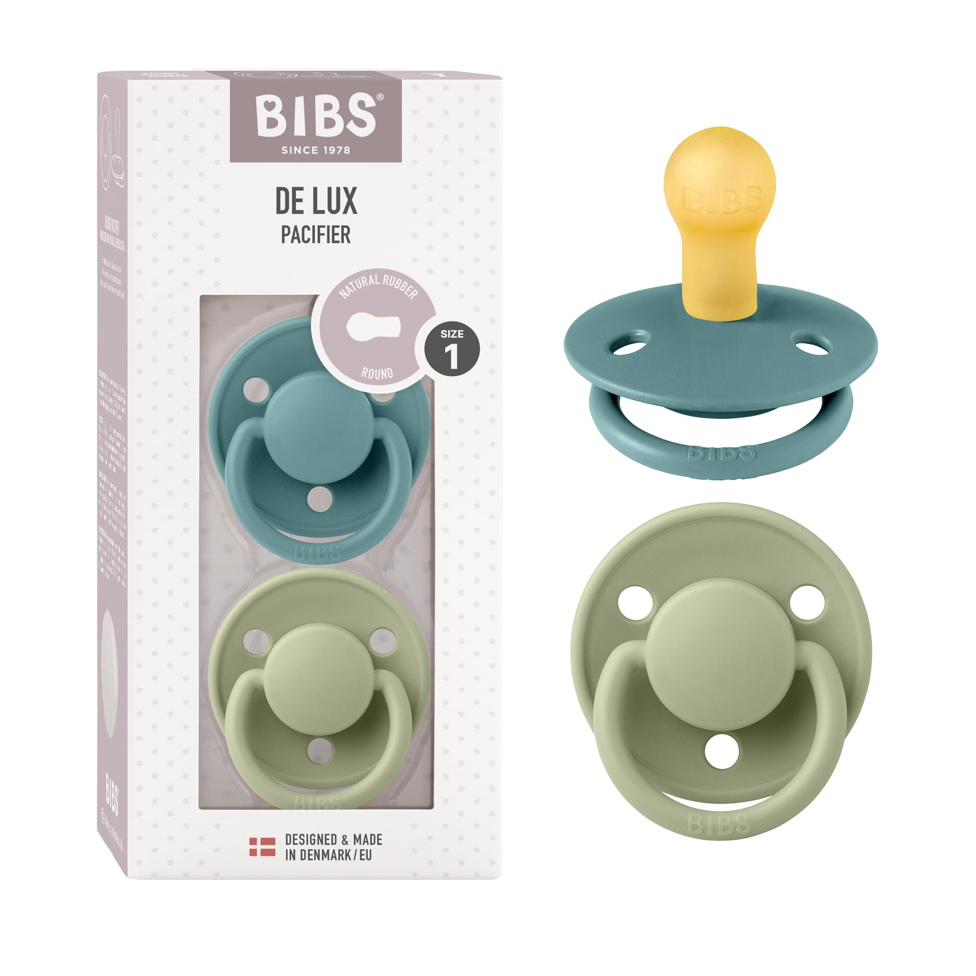 BIBS De Lux Dummies 2-Pack, BPA Free Dummy Pacifier, Round Nipple. Natural Rubber Latex, Size 1 (0-6 Months), Ivory/Sage — view 25