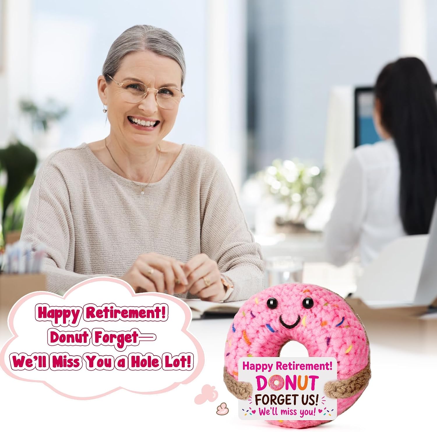 BuiltFit Retirement Gifts for Women Men - Funny Handmade Crochet Donut Retired Gifts for Woman, Best Farewell Goodbye Going Away Leaving Gift for Teacher Coworker Boss Nurses Employee Retiree