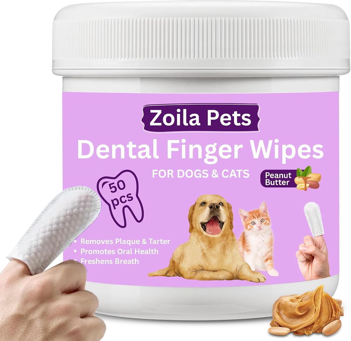 Toallitas dentales para perros y gatos - Cepillo de dientes para dedos para placa, sarro y aliento | Las toallitas dentales ayudan a eliminar la placa, el sarro y el mal aliento para perros, gatos y mascotas pequeñas, cuidado bucal en el hogar, 50 toallitas, mantequilla de maní