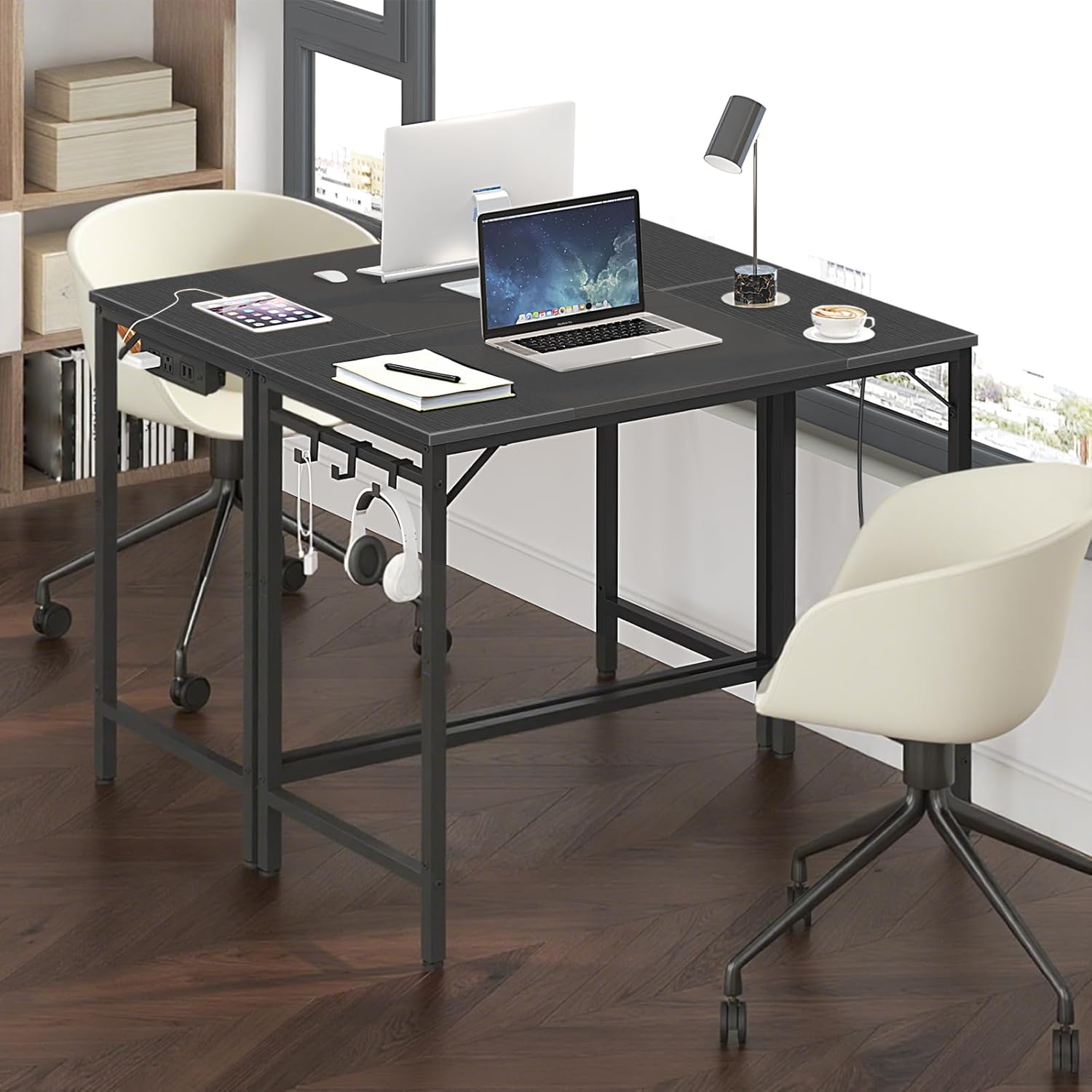 HOOBRO Computer Desk, Home Office Desk with Power Outlet, Modern Study Writing Desk with 3 Hooks for Study Room, Home Office, Sturdy and Stable, Easy to Assemble, Black BB40UDN01 - Image 4