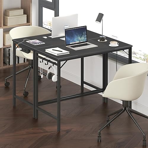 Miniatura 38 de HOOBRO Escritorio para computadora, escritorio de oficina en casa con toma de corriente, moderno escritorio de estudio con 3 ganchos para sala de