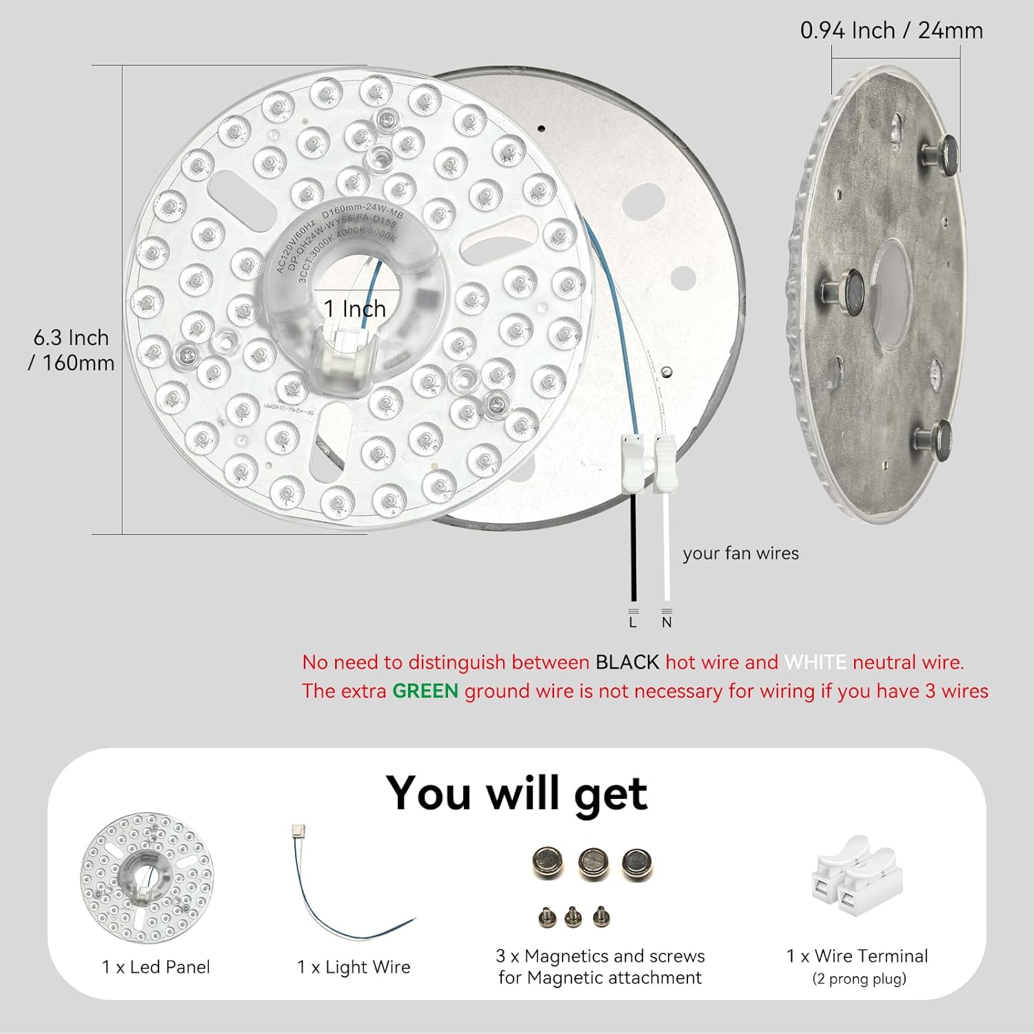 6.3" Ceiling Fan LED Light Engine Replacement Upgrade Retrofit Kit 2200LM Bright 3CCT 3000K 4000K 6000K Daylight Dimmable 120V 24W PCB, Magnetic Easy Install in 5min (cover or globe NOT included)
