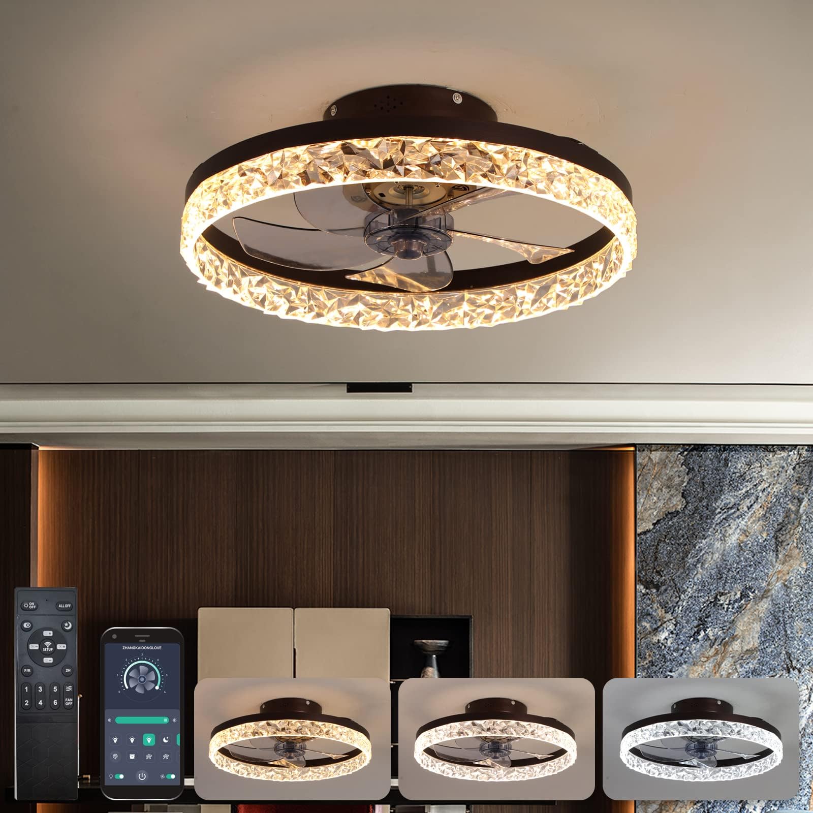 YUNLONGCeiling Fans with Lights and Remote Quiet Fan for Bedroom Crystal Led Fan Chandelier DC Motor Winter Summer Mode 6 Wind Speeds Adjustable Dimmable Ceiling Fan with Lighting,Brown