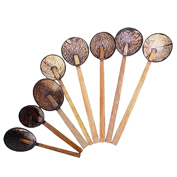 looms & weaves - Complete Set of Eco-Friendly Handmade Coconut Shell Spoons 8 Nos - Made with Coconut Shell & Coconut Wood
