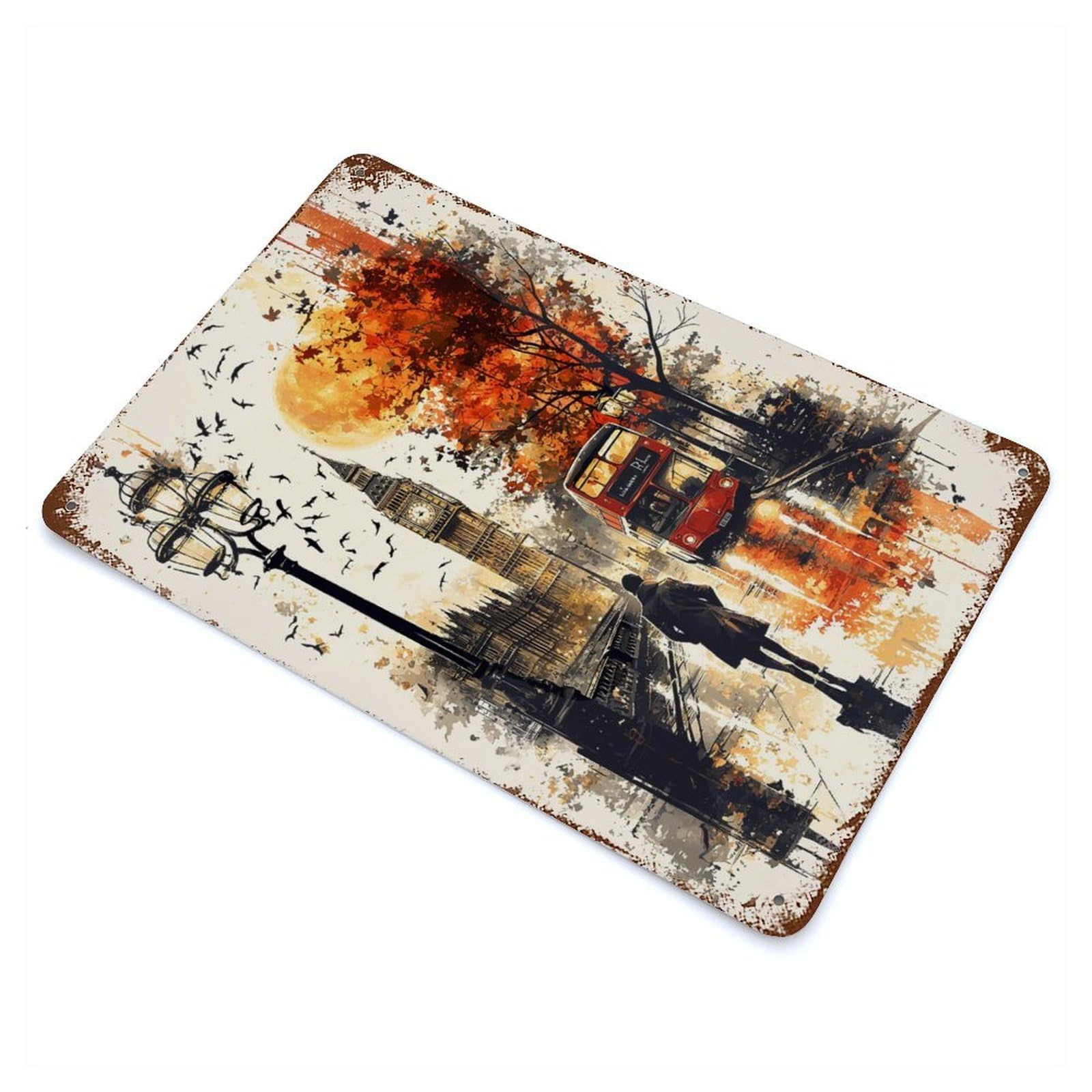 Autumn Evening in London A Rainy Cityscape Decorative Tin Sign 11.8"x7.9", Farmhouse Wall Decor for Living Room, Hallway And Home Decor