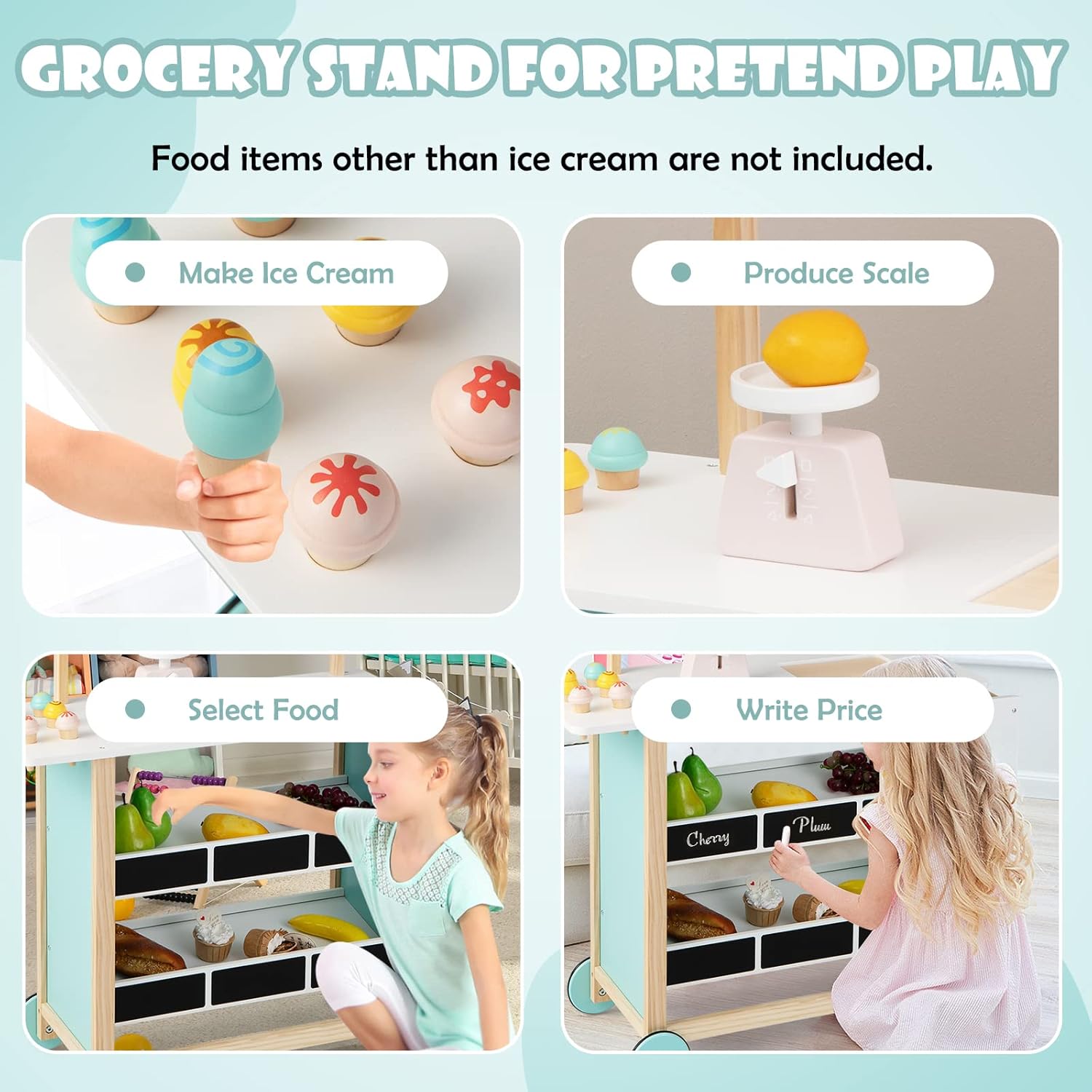 GLACER Ice Cream Cart for Kids - Wood Grocery Store Pretend Play with Making Counter, Produce Scale, Chalkboard, Bell, Wheels, Canopy, Portable Ice Cream Stand for Boys Girls (Red)