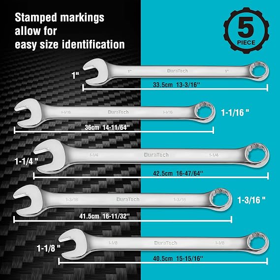 DURATECH Long Pattern Combination Wrench Set, SAE, 5-Piece, 1 to 1-1/4, 12 Point, CR-V Steel, with Rolling Pouch