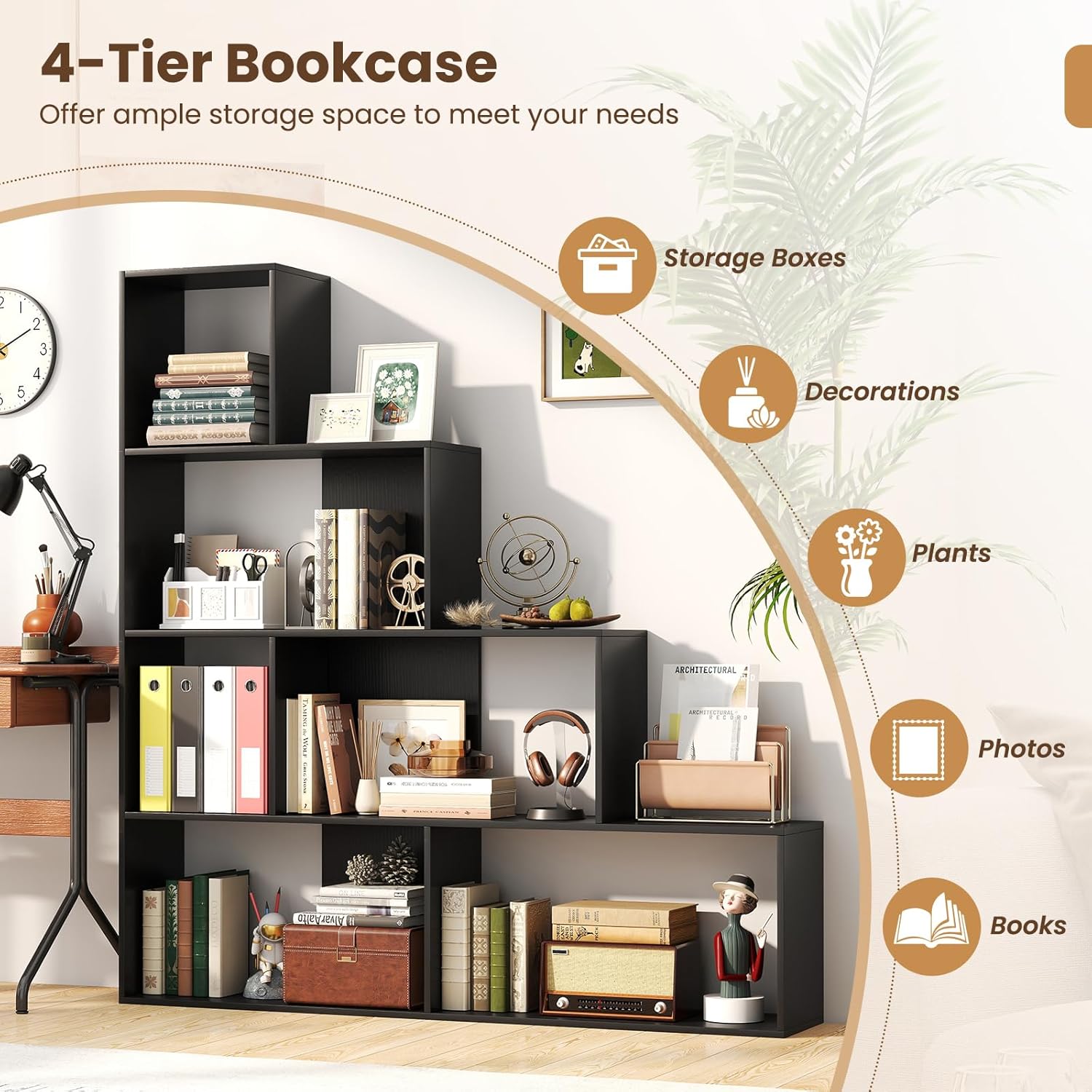 Giantex 6 Cube Geometric Bookshelf, 4-Tier L-Shaped Bookcase with Cubes, Freestanding Ladder Corner Display Shelf w/Anti-Toppling Kits, Modern Etagere Bookshelf for Living Room, Bedroom (Black)
