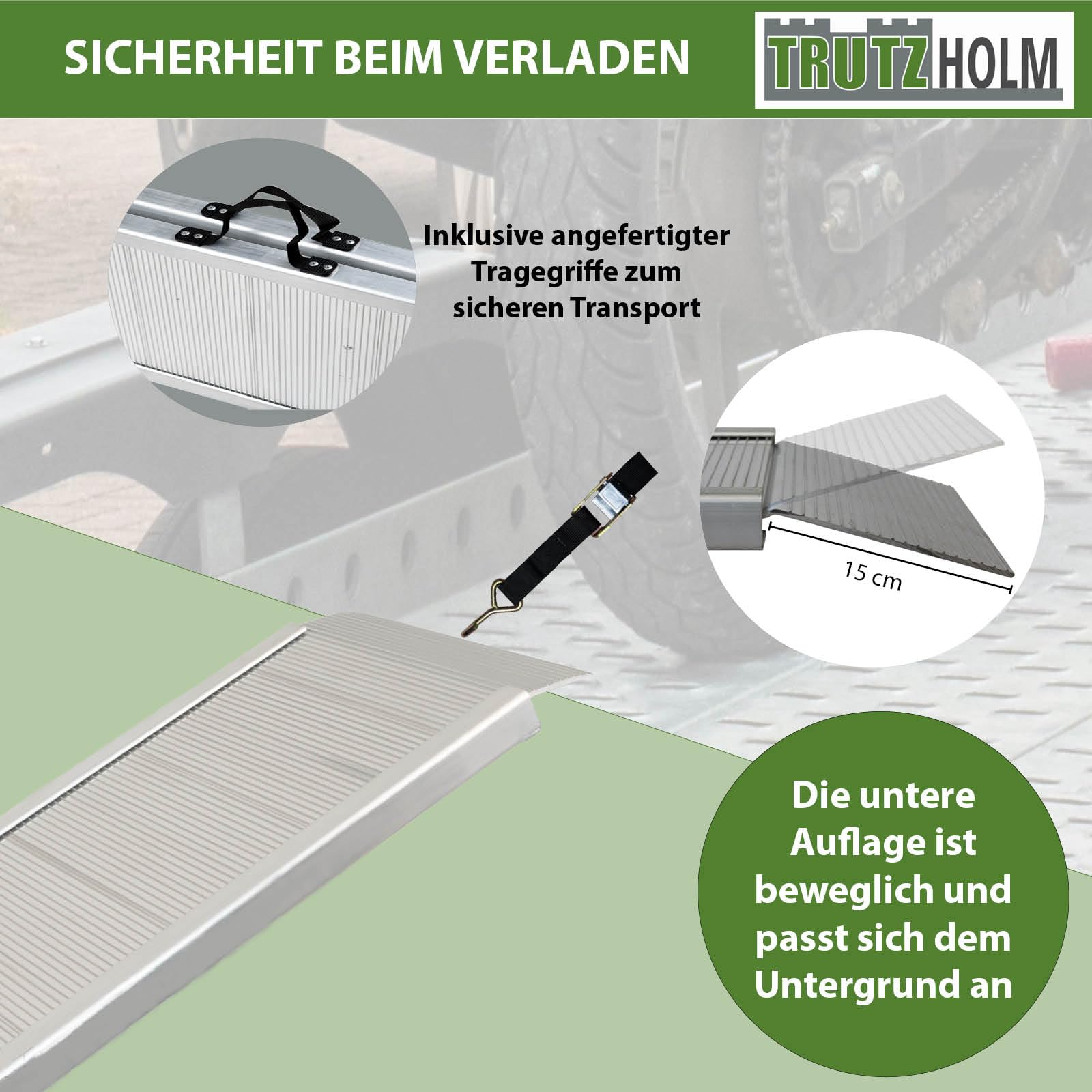 TRUTZHOLM Alu Auffahrrampe klappbar 307 cm extra lang 450 kg Traglast geriffelt Motorradrampe bewegliche Auflage anpassungsfähig Flacher Auffahrwinkel Tragegriff grau