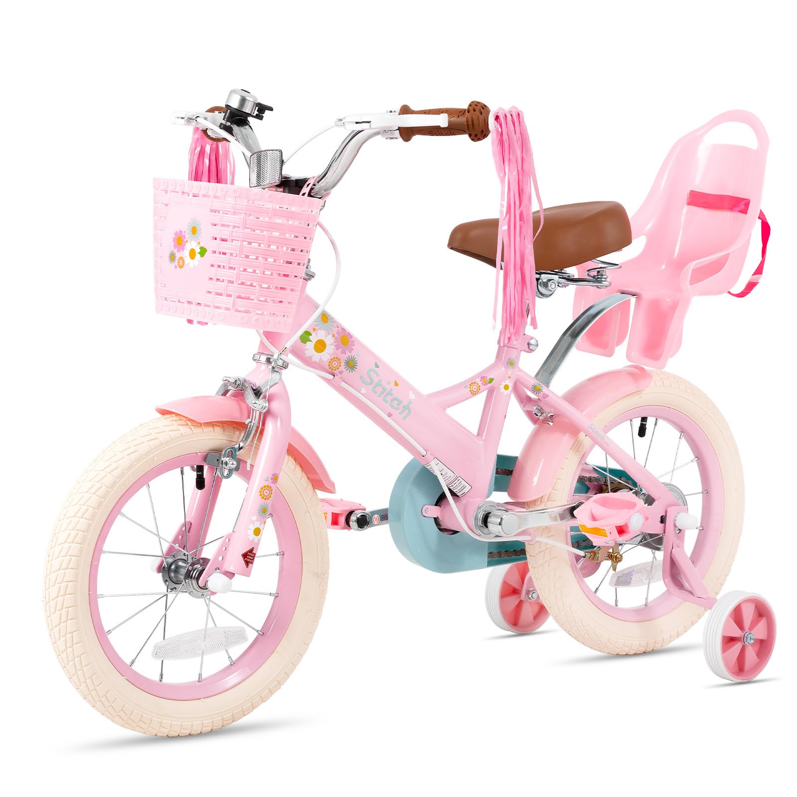 STITCH Little Daisy - Bicicletta da bambina da 14 pollici, per bambini da 3 a 5 anni, con ruote di supporto con cestino e stelle filanti, colore: Rosa