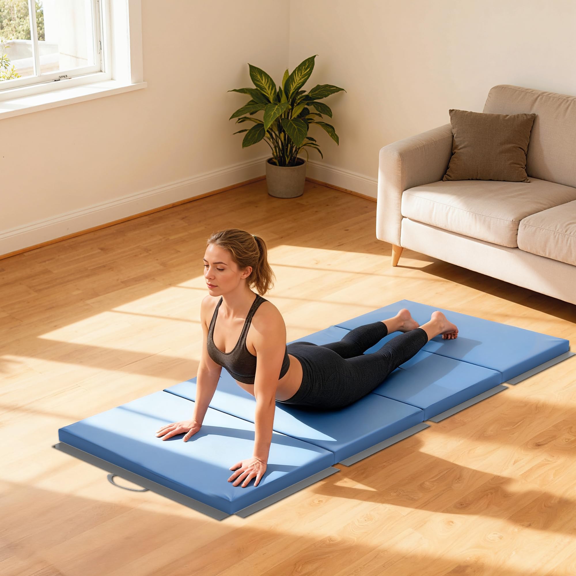 HOMCOM Tapis de gymnastique pliable, tapis gymnastique épais, avec poignée, tapis de sol pour yoga, mma, sport, fitness, pilates, revêtement synthétique, bleu clair