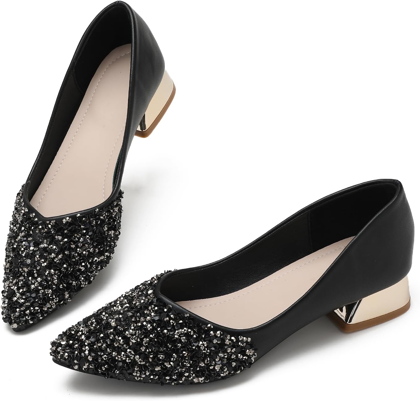 Women's Pumps, Closed Toe Chunky Heels for Women, Comfortable Work Pumps Shoes, Pointed Toe Rhinestones Dress Wedding Pumps for Women - Image 3