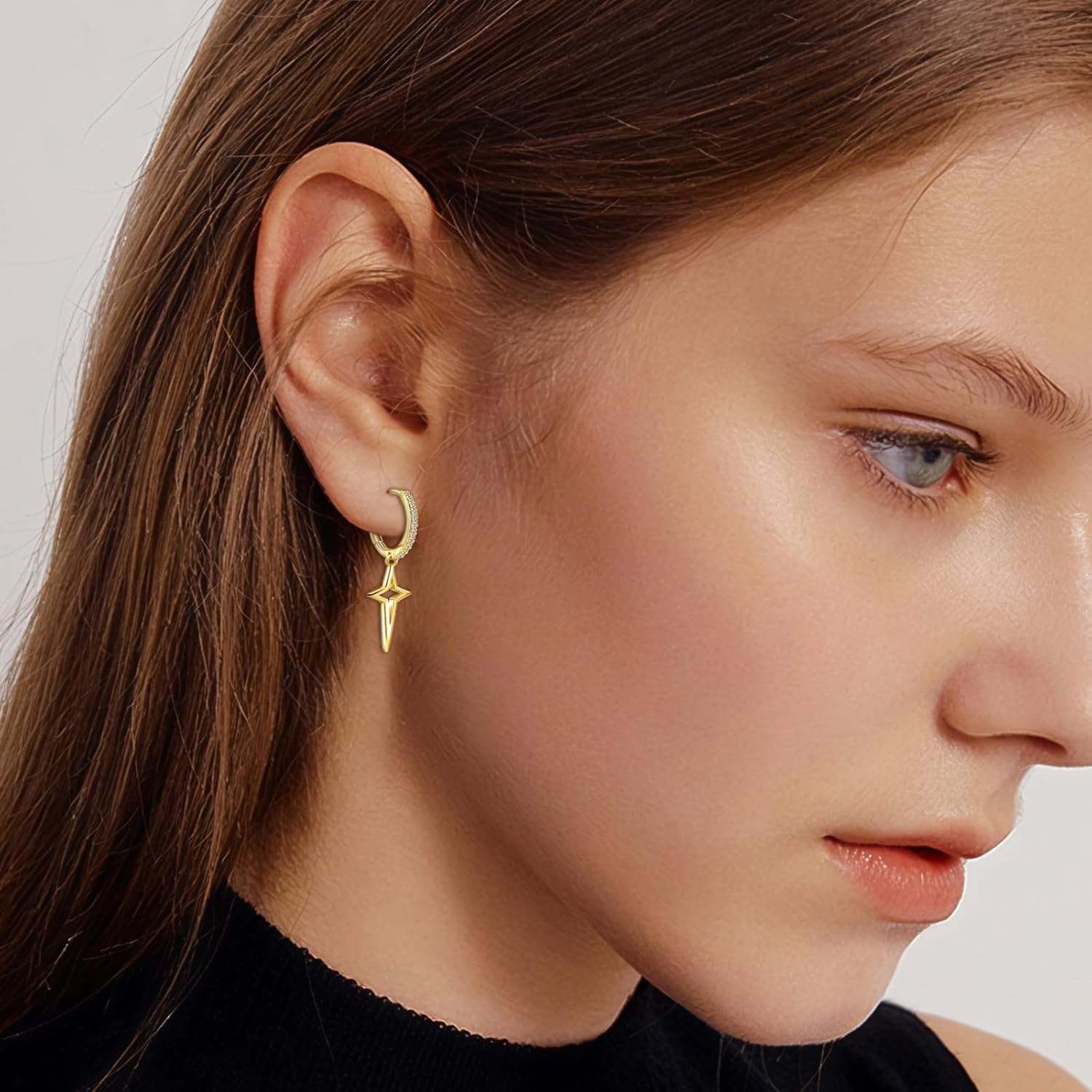 Sterling Silver Star Hoop Dangling Earrings - Hypoallergenic Sparkling Cubic Zirconia Star-Shaped Dangle Earrings for Mom Wife - Image 5