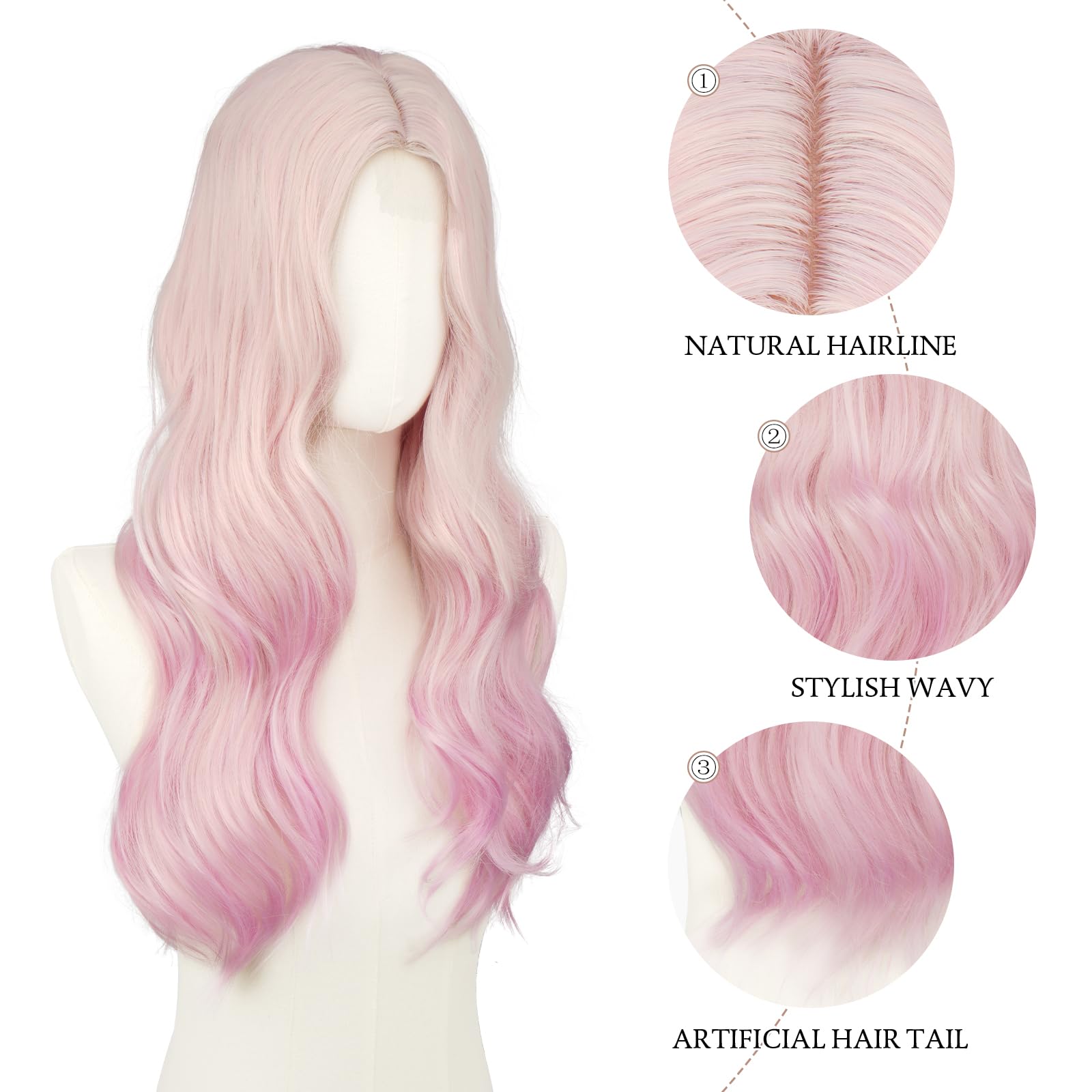 FESHFEN Perücke Pinke für Damen Synthetik Lace Front Gewellt Perücken | 60 cm Lange Wellig Lemonade Rosa Bunte Haarperücke Kunsthaar Natürlich Hitzebeständig Wig für Täglich Karneval Cosplay Party