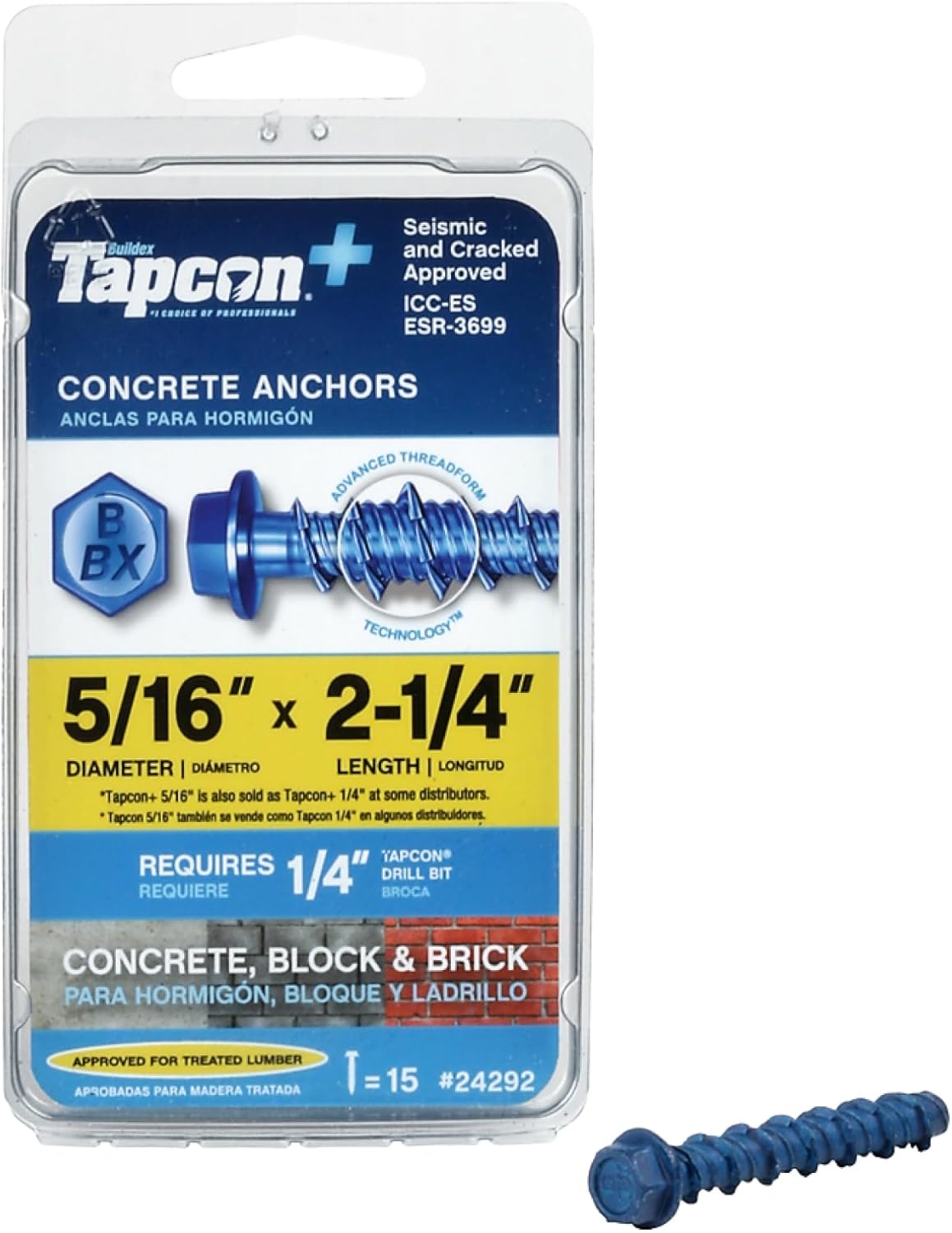 Tapcon+ 5/16 x 2-1/4" Heavy-Duty Hex Head Concrete Screws, 15-Pack, Blue Climaseal Corrosion-Resistant for Outdoor Masonry & Brick