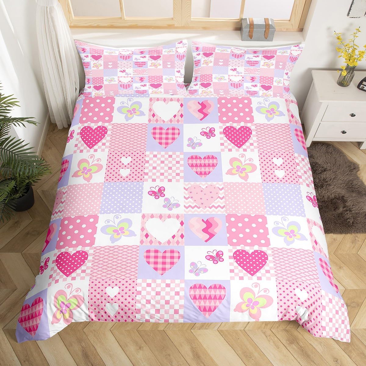 Parure de lit 135x200 cm rose avec taie d'oreiller patchwork pour filles