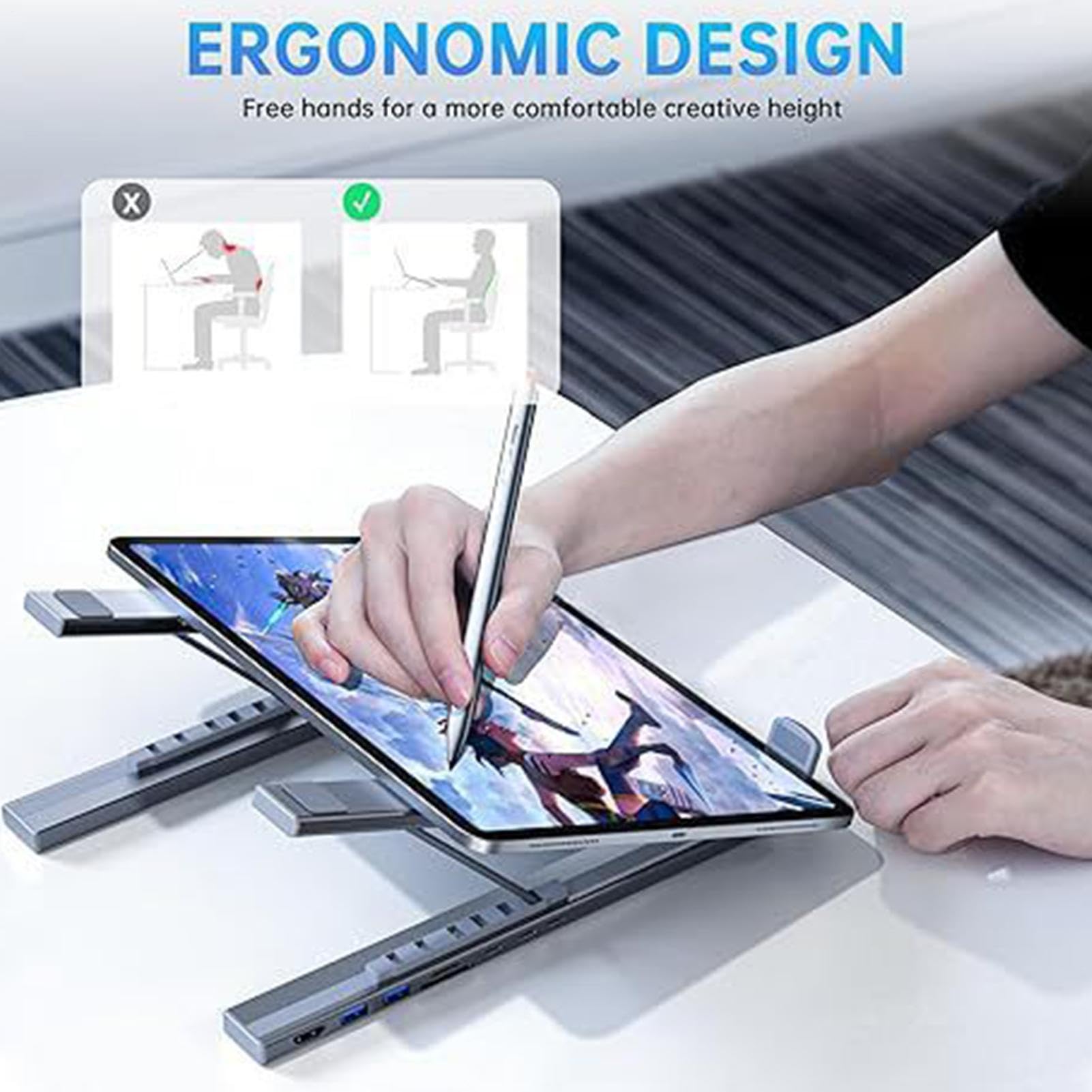 Supporto Portatile per Notebook con Docking Station Hub USB C 8 in 1 e | Trasferimento Dati a 5 Gbps, Supporto Pieghevole con Porte USB Per Scrivania, Viaggio, Ufficio, Casa, , Lavoro, St